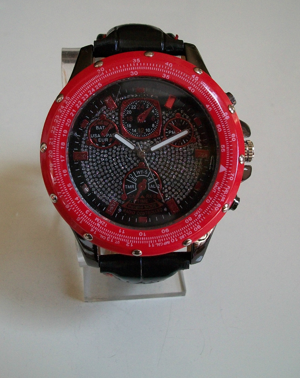 MEN’S BLACK, WHITE LEATHER BAND MULTICOLOR TRIM FASHION DRESSY CASUAL WATCH