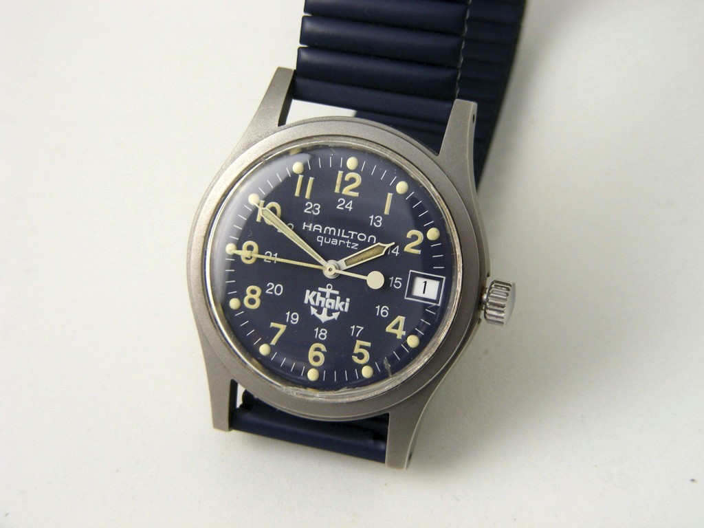 Vintage 90s HAMILTON Khaki ANCHOR Mark BLUE DIAL Date Quartz Unisex WATCH 9797