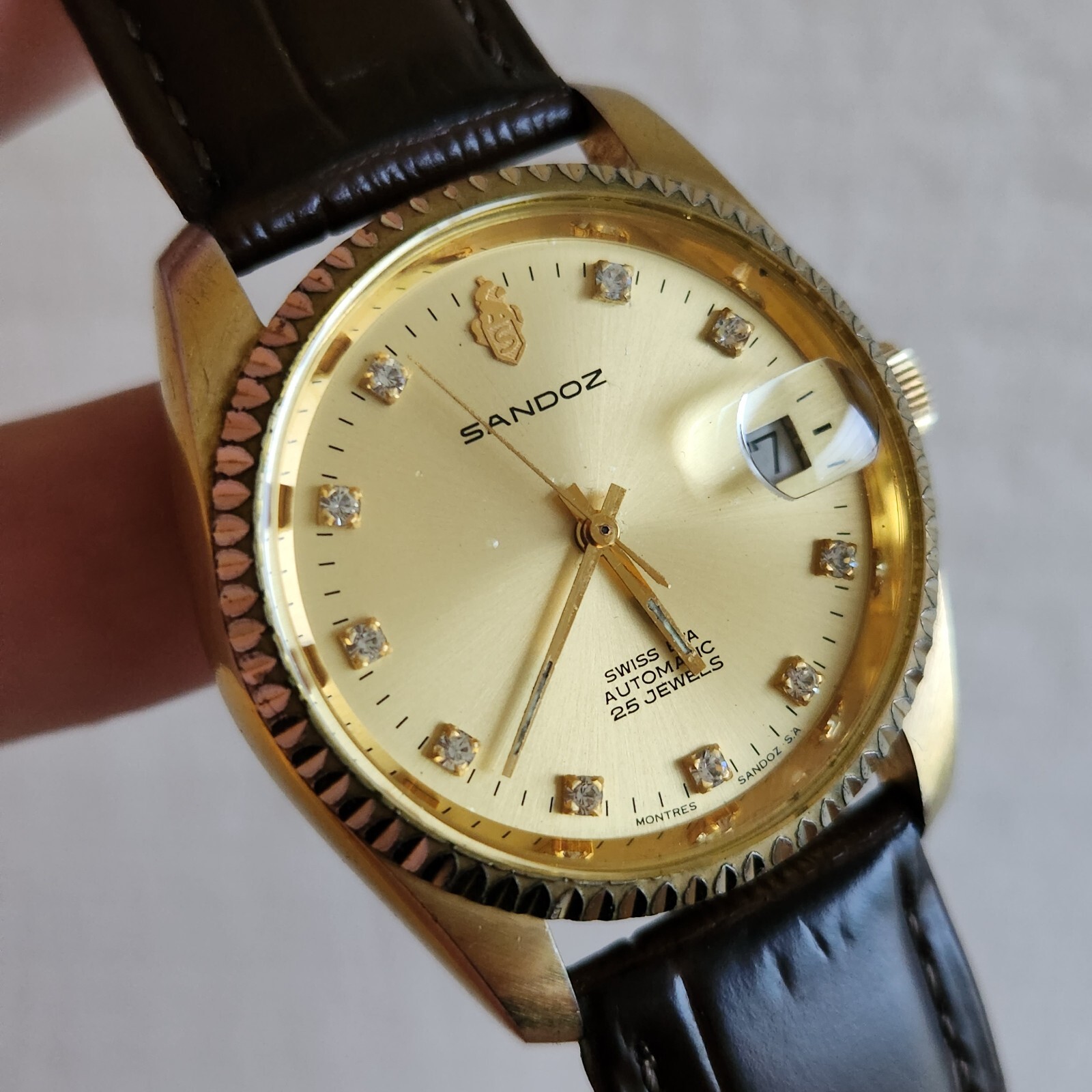 Vintage Sandoz men’s automatic watch 25Jewels diamond hour markers ETA 2824