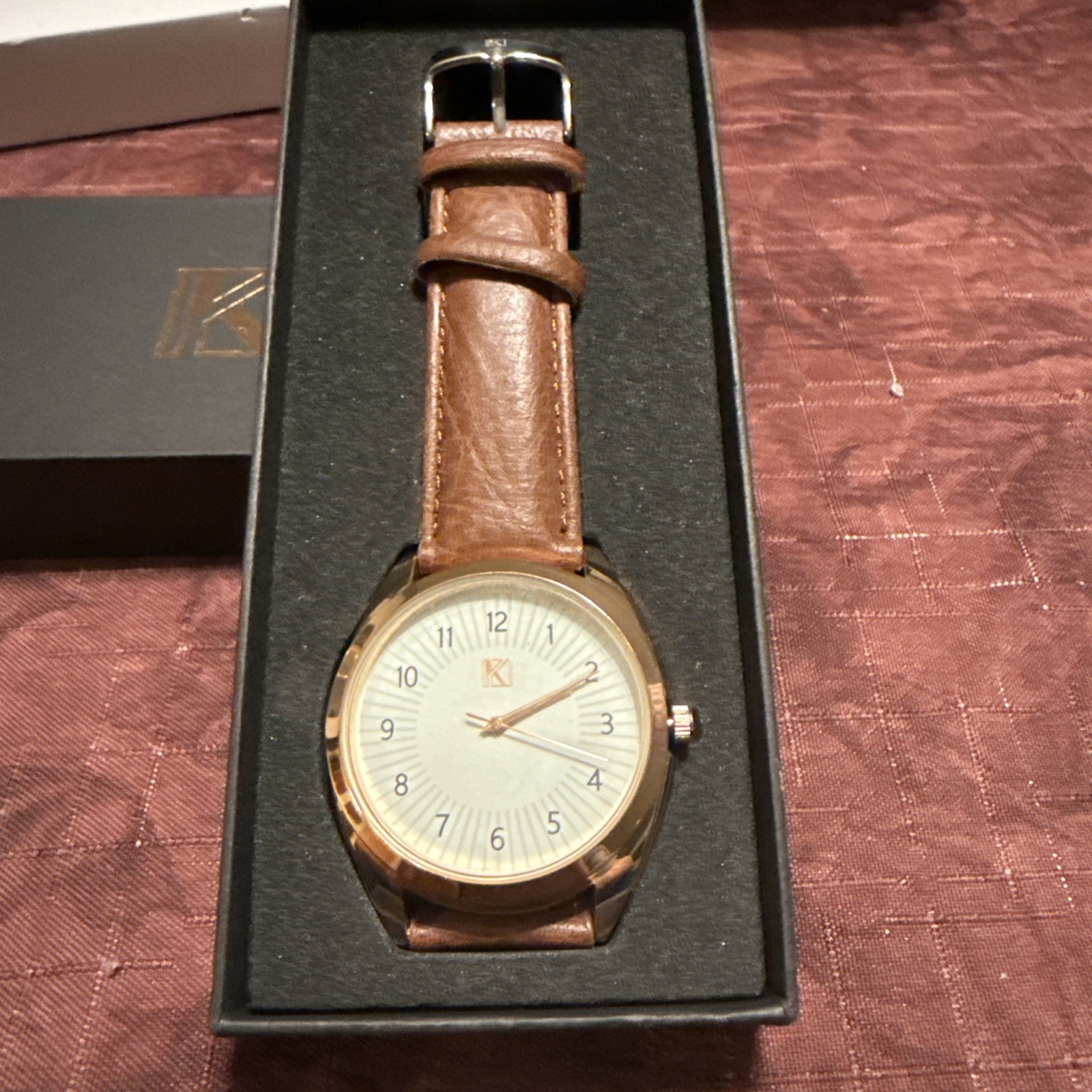 Kessaris White Dial Round Gold Tone Case Brown Faux Leather Band Watch