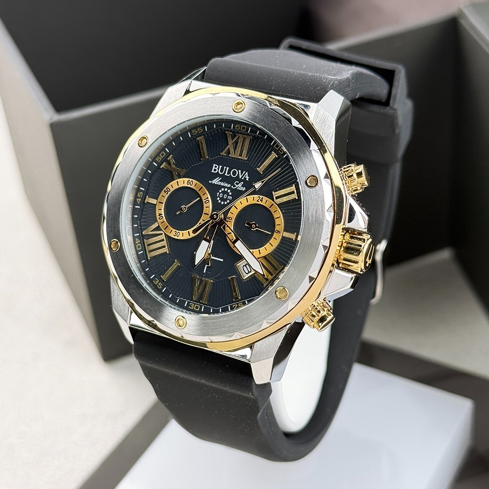 Bulova Men’s Marine Star Black Dial Silicone Strap Quartz Watch 98B277