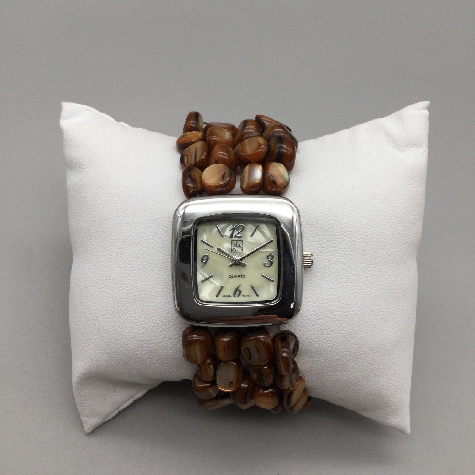 NY&C Womens Watch 28mm Silver Tone Brown Beaded Bracelet NY3168 New Battery