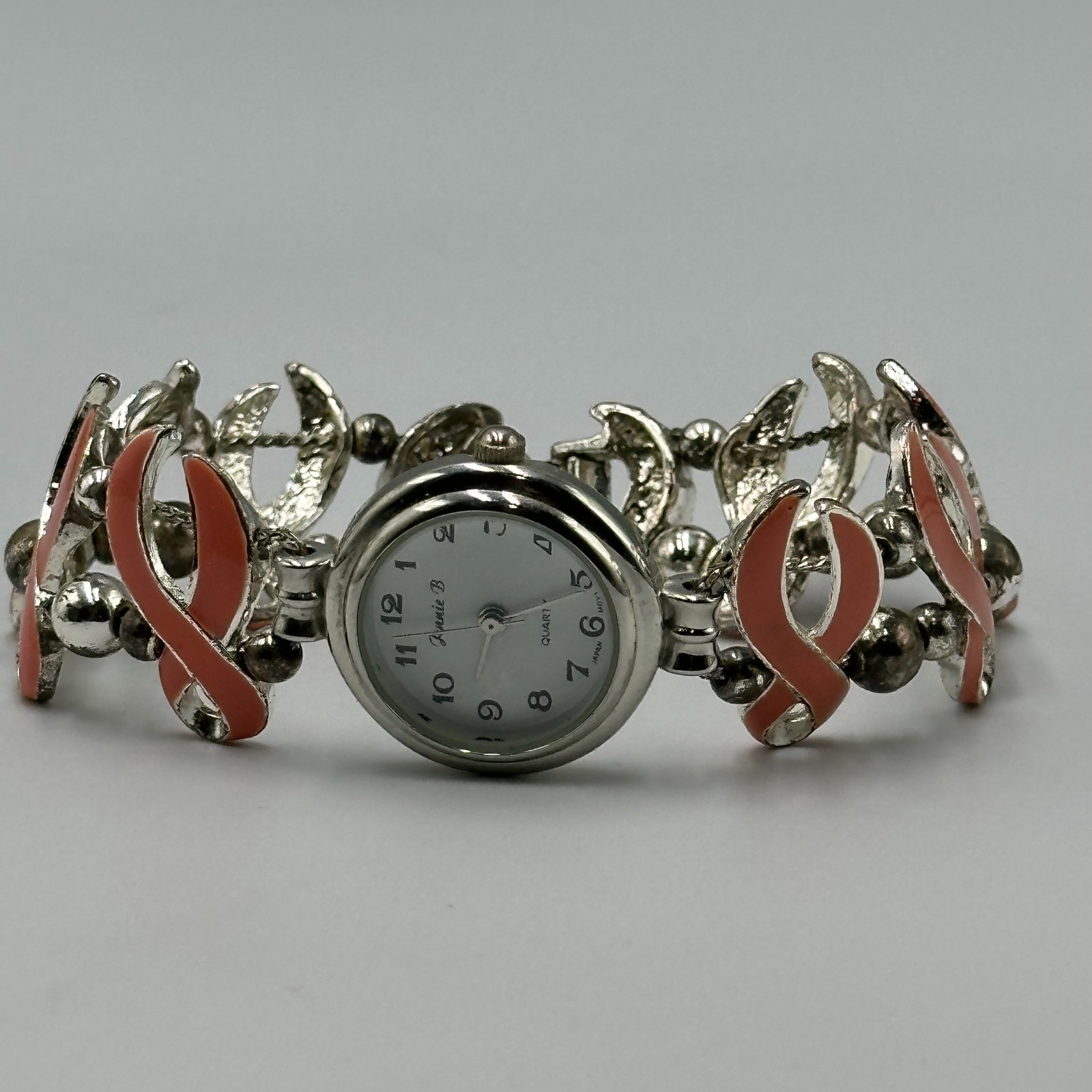 Vintage Jennie B Watch Breast Cancer Awareness Ribbon Band Silver Pink Works
