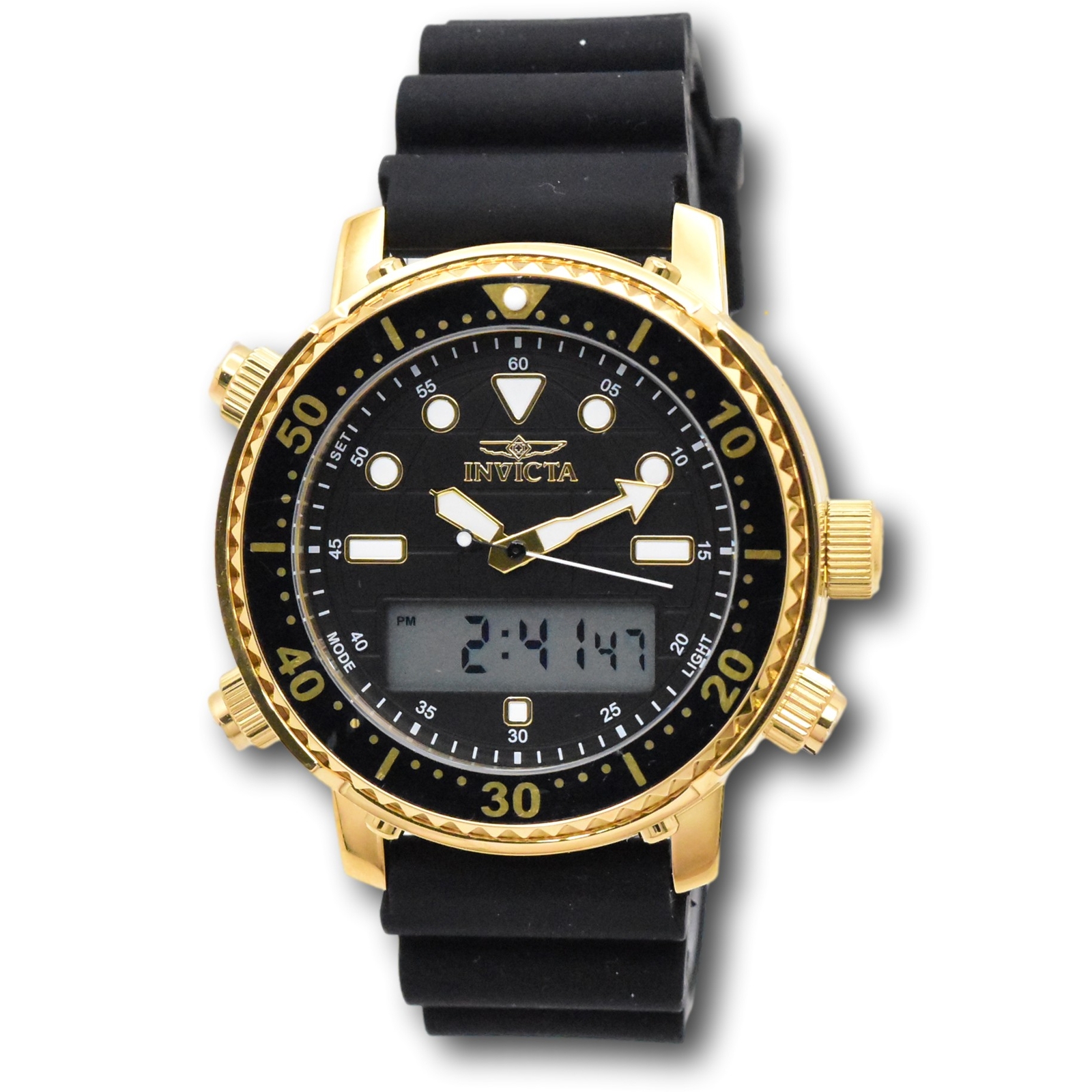 Invicta Pro Diver Men’s 46.5mm Gold Dual Time Digital Ana-Digi Watch 48369