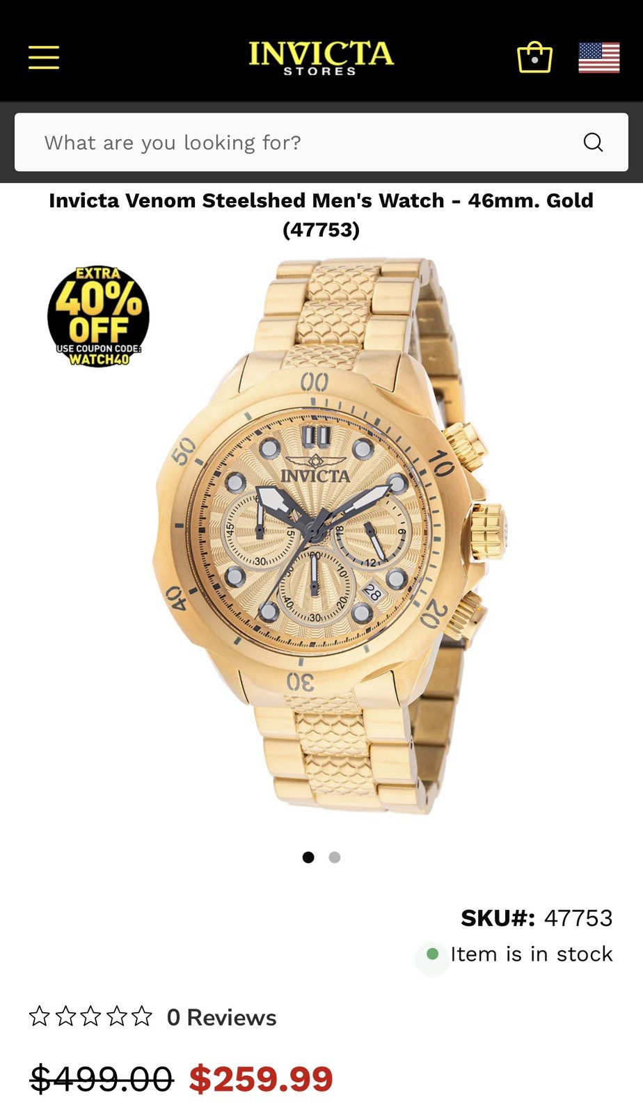 Invicta Men’s VENOM STEELSHED 46mm Chronograph Gold Dial Gold Tone Watch 47753