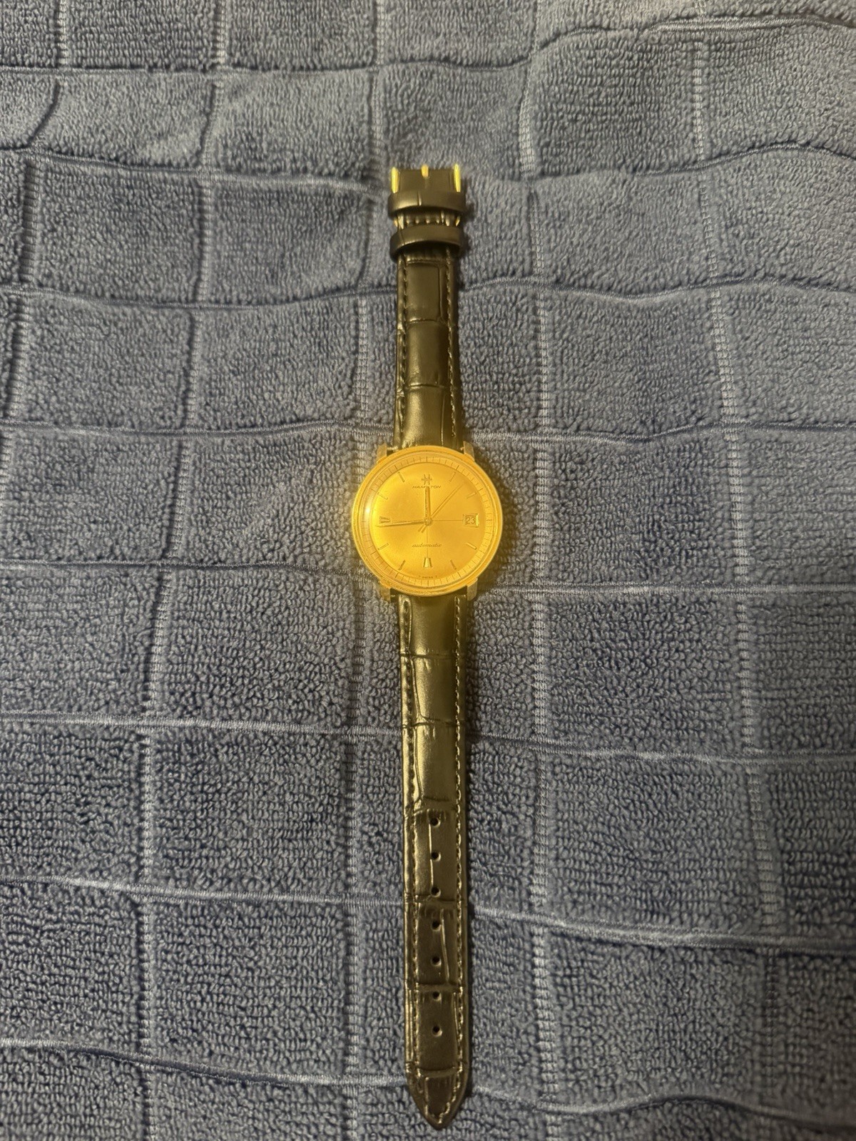 Hamilton Automatic Mechanical Watch Gold Dial Date Black Leather Strap