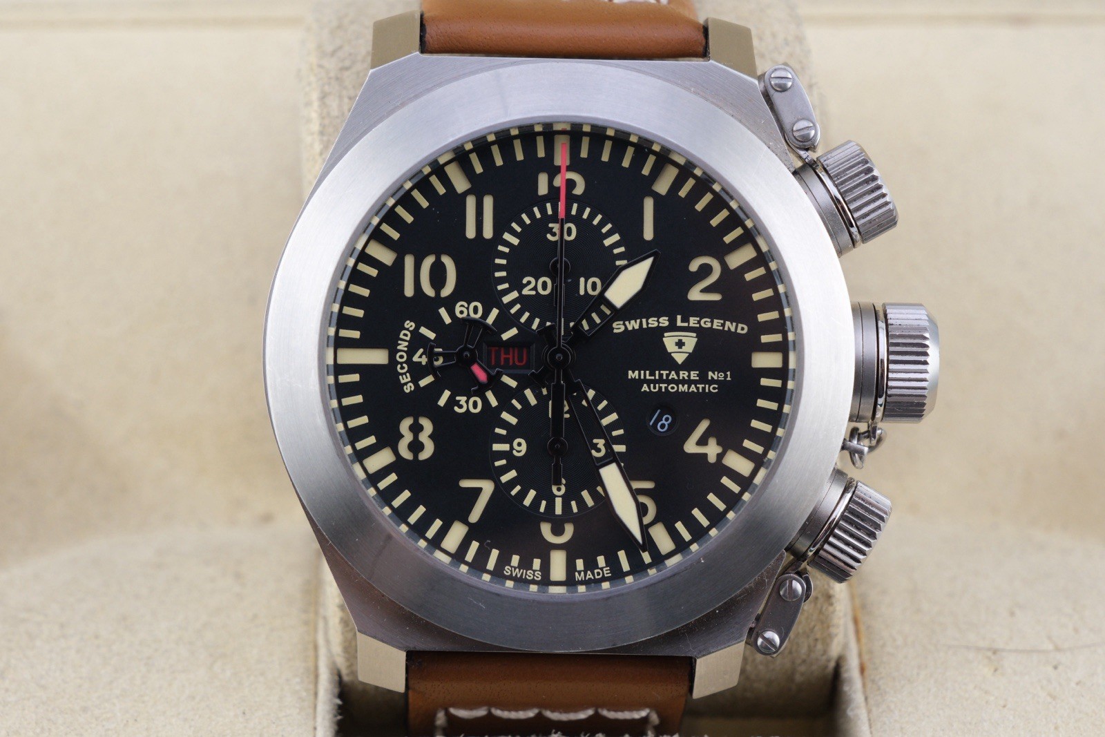 Swiss Legend Militare No1 Automatic Chronograph 45mm Black Dial Leather Working