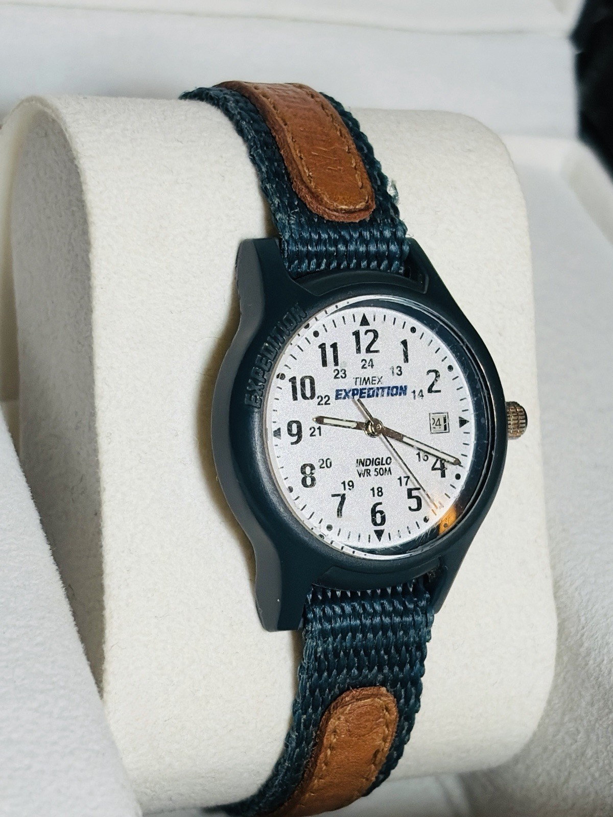 Vintage 1997 Timex Expedition Watch Indiglo | Teal/Brown Nylon/Leather Strap