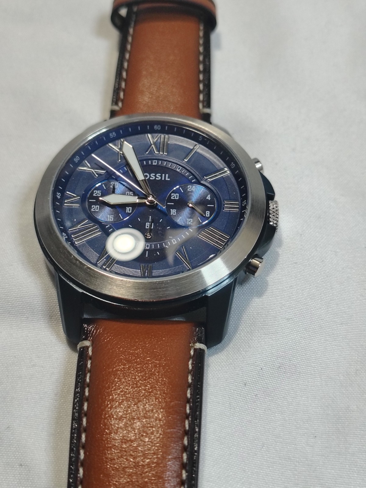 New Fossil Men’s Grant Chronograph Light Brown Leatger Strap 44mm Blue Dial