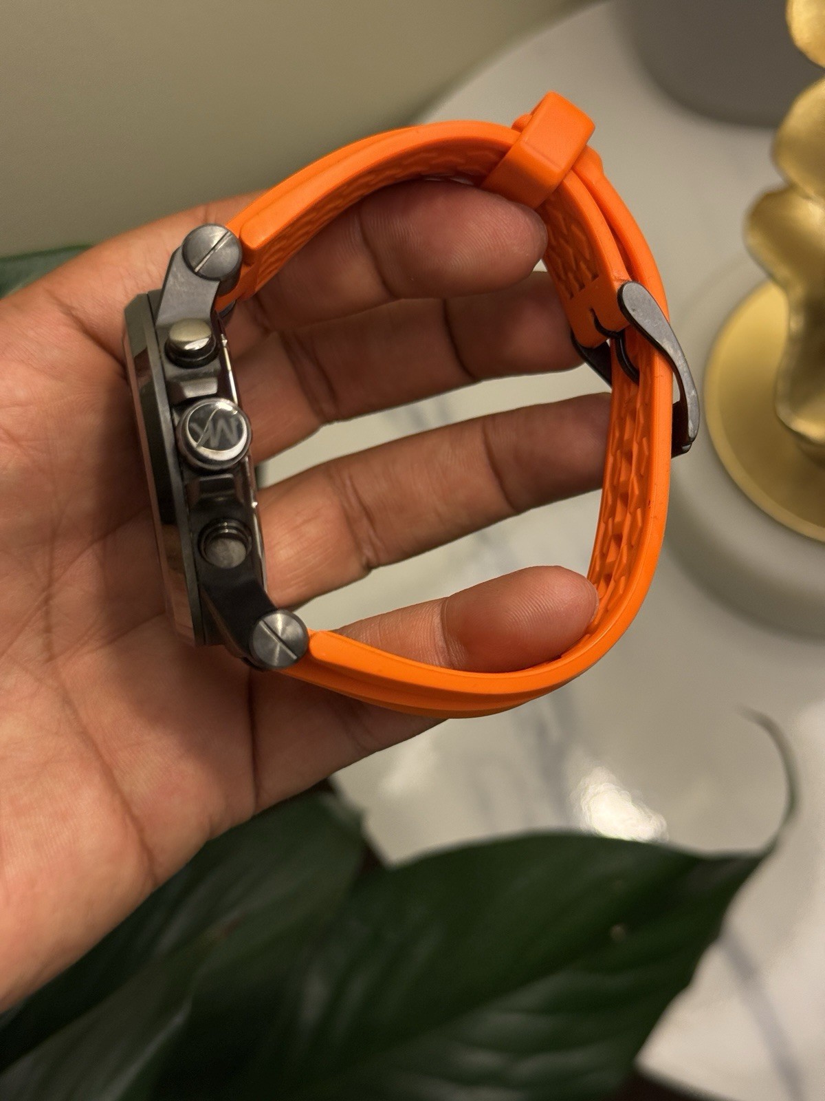 Michael Kors Gray Dial Chronograph Watch with Orange Strap Mens