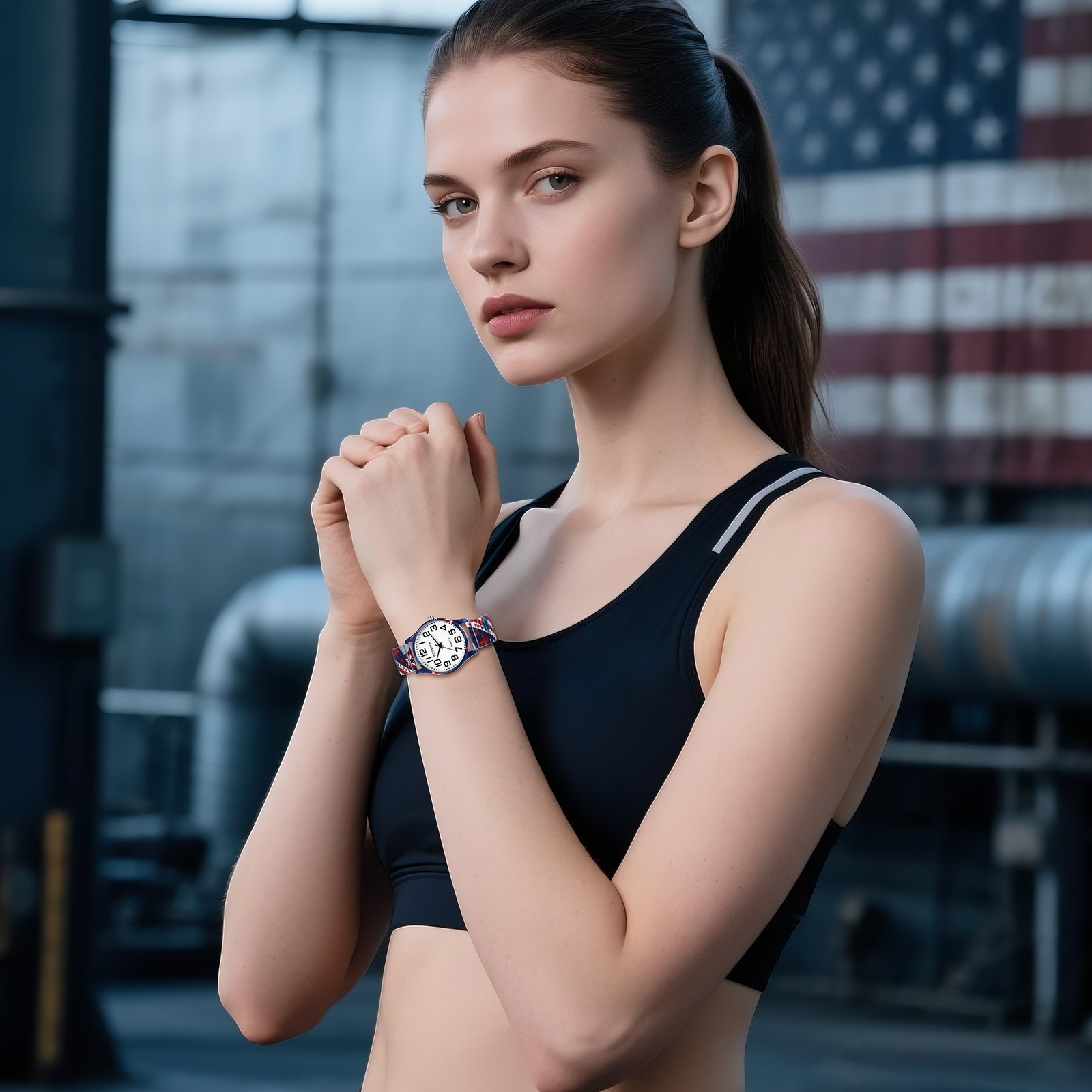 Women Men Boho American flag Easy-Read Elastic Stainless Steel Band Wrist Watch