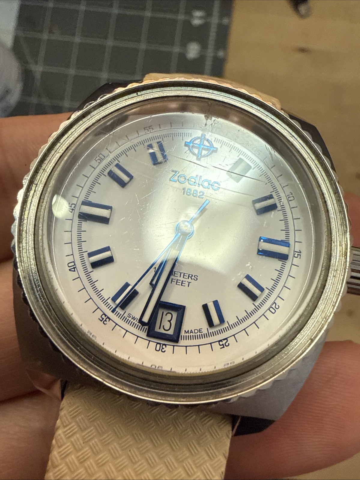zodiac Sea Dragon zo2244 Swiss dive watch 100m 38mm square blue white tan
