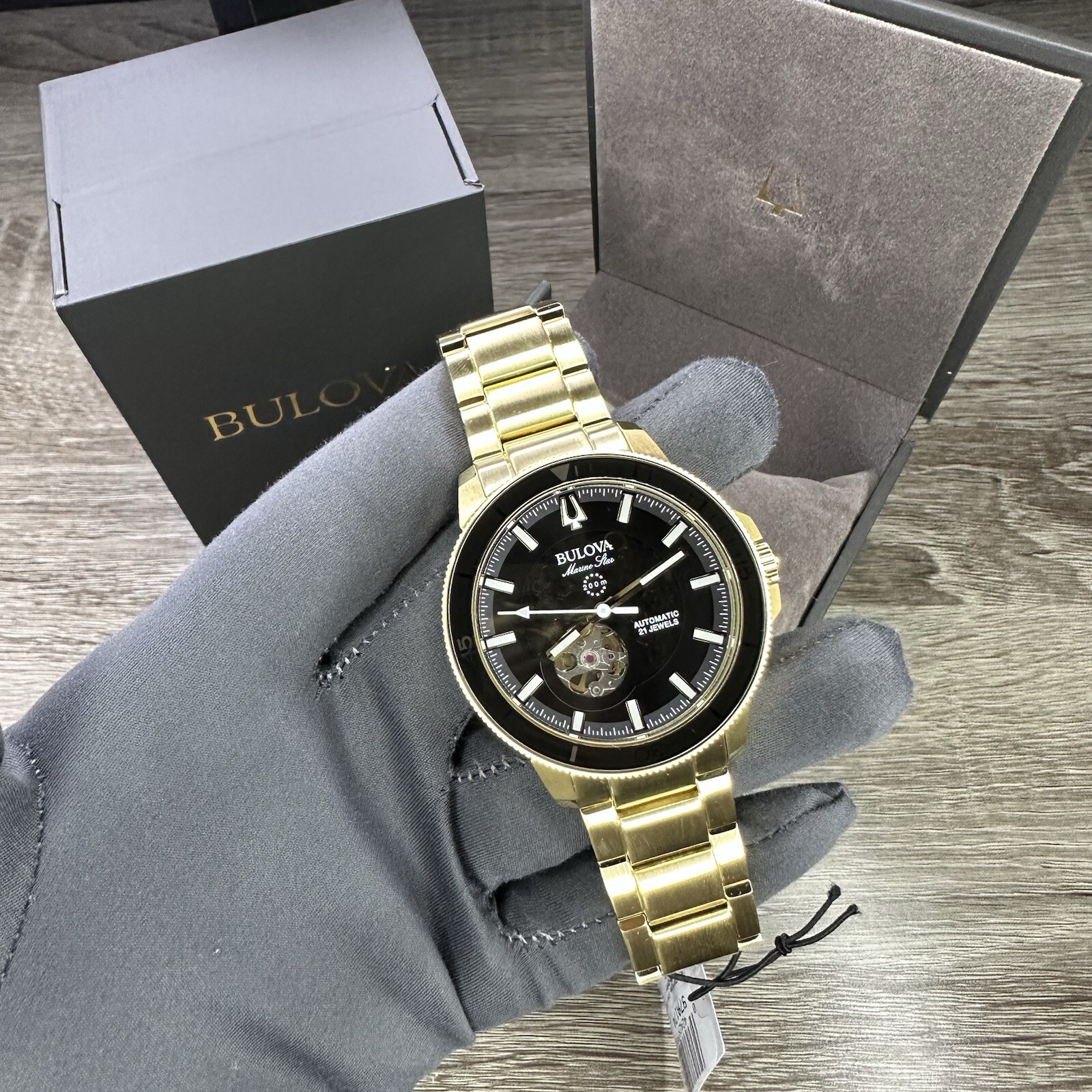 NEW✅AUTOMATIC✅ Bulova Marine Star Gold Tone Black Dial Skeleton Men Watch 97A174