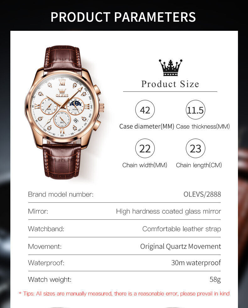 OLEVS Man’s Watch Chronograph Diamond Date Moon Phases Waterproof Wristwatches