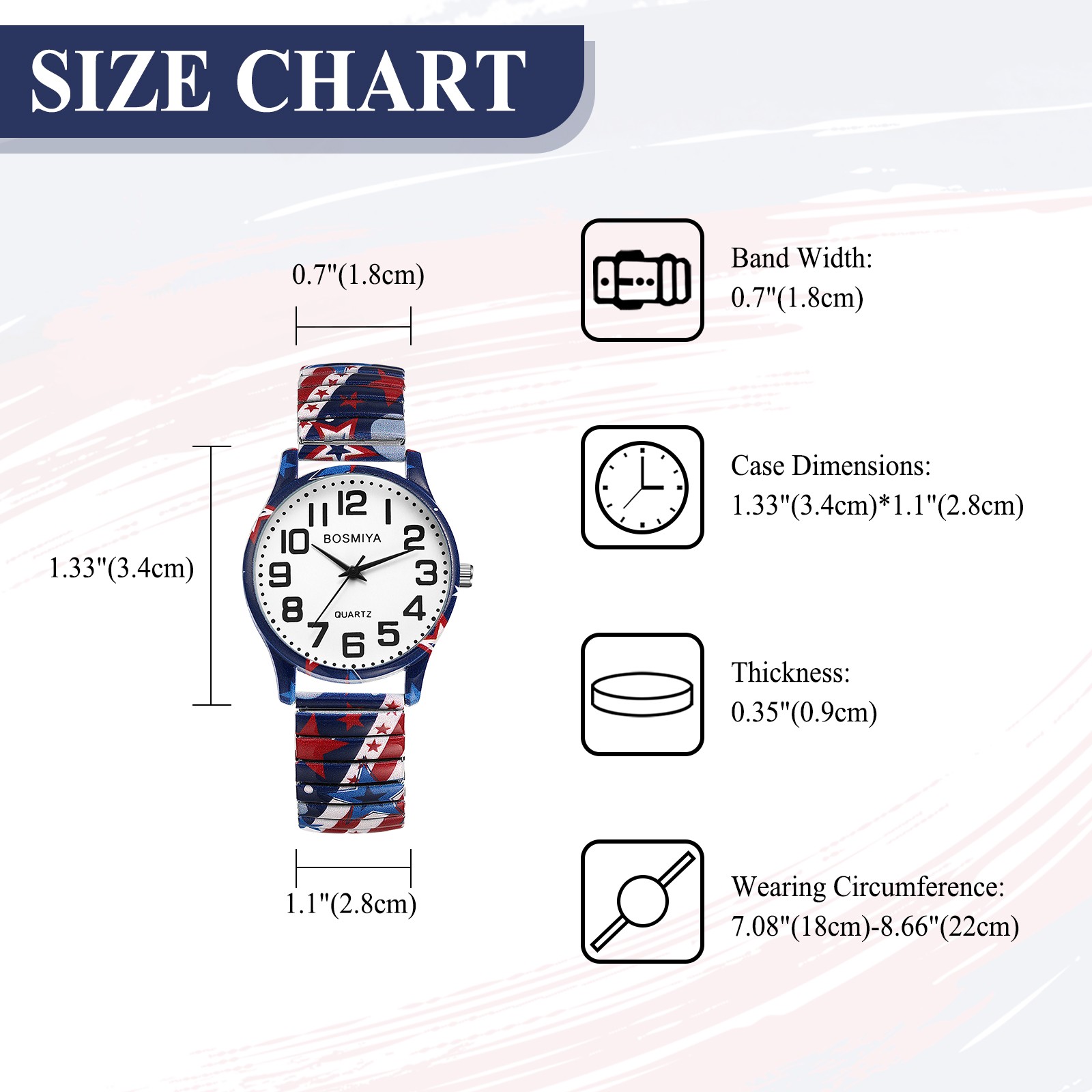 Women Men Boho American flag Easy-Read Elastic Stainless Steel Band Wrist Watch