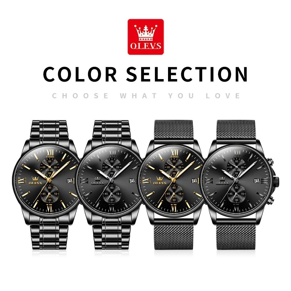 OLEVS 2886 Classic Black Quartz Watch for Men Elegant Chronograph Auto Date Cloc
