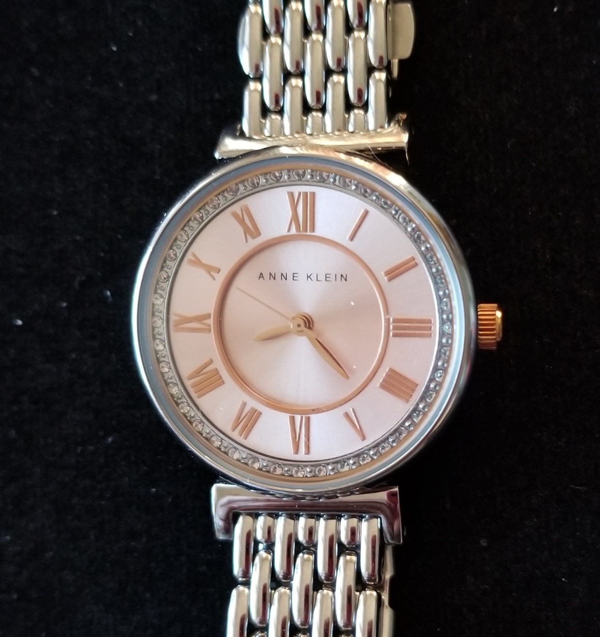 Anne Klein Silver Tone Watch Rose Dial AK/2591 Link Band 6.75″ Max Size New Batt