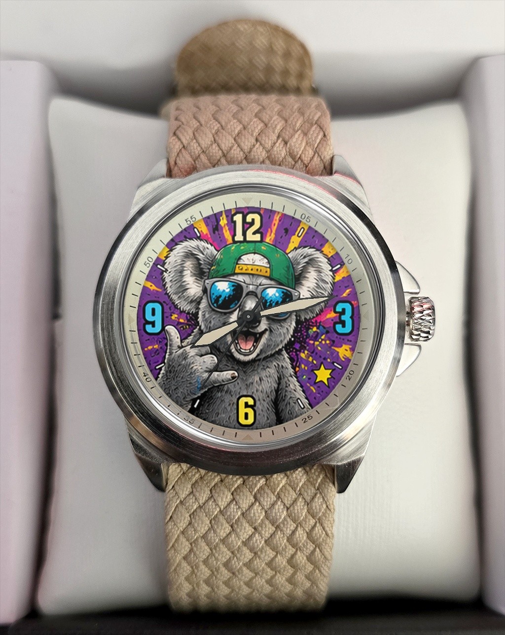 Funny Pop Art Koala Bear Yo Khaki Fabric Strap Wrist Watch Boxed