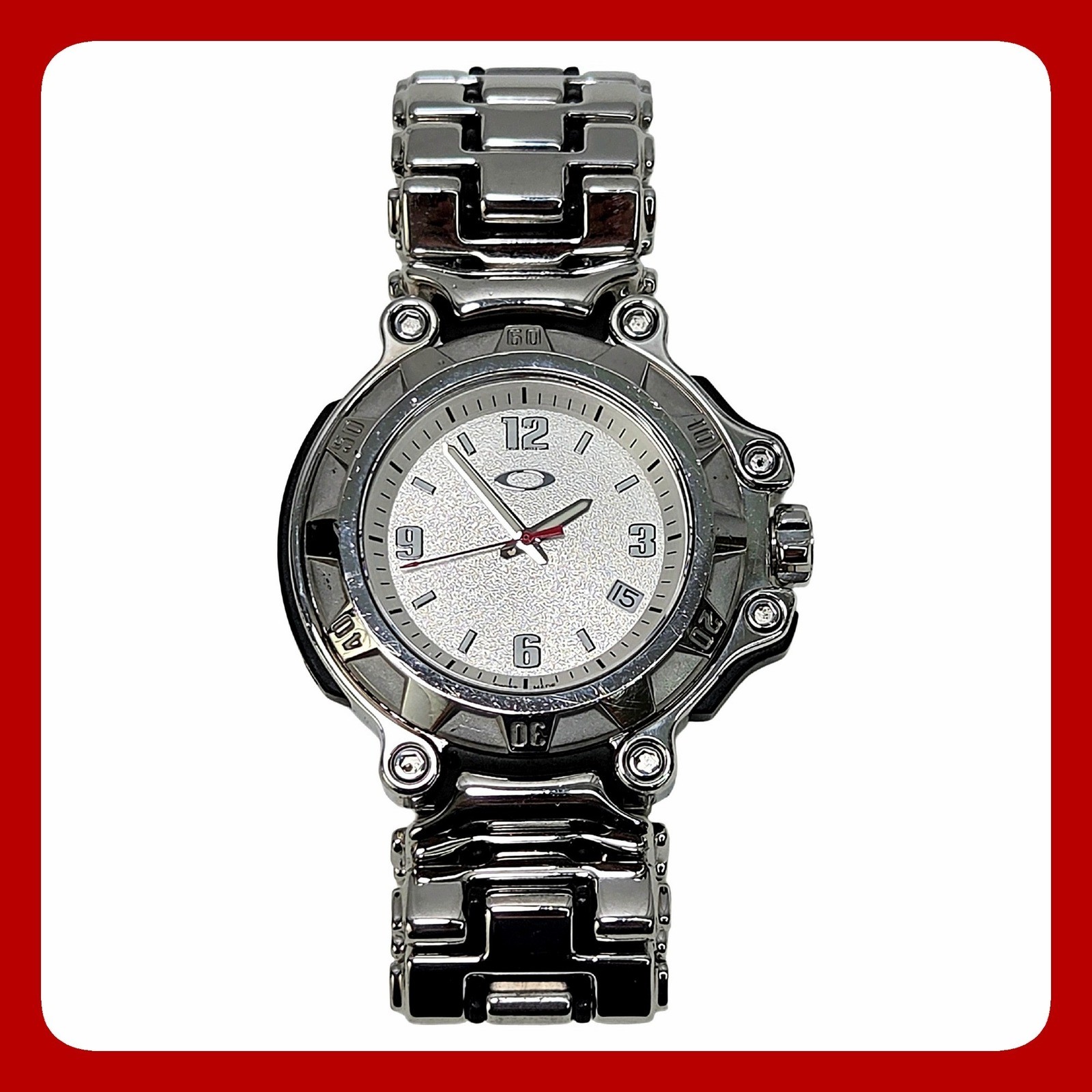 Oakley Crankcase Swiss Quartz Silver Steel Watch 10Bar Sapphire Crystal EUC