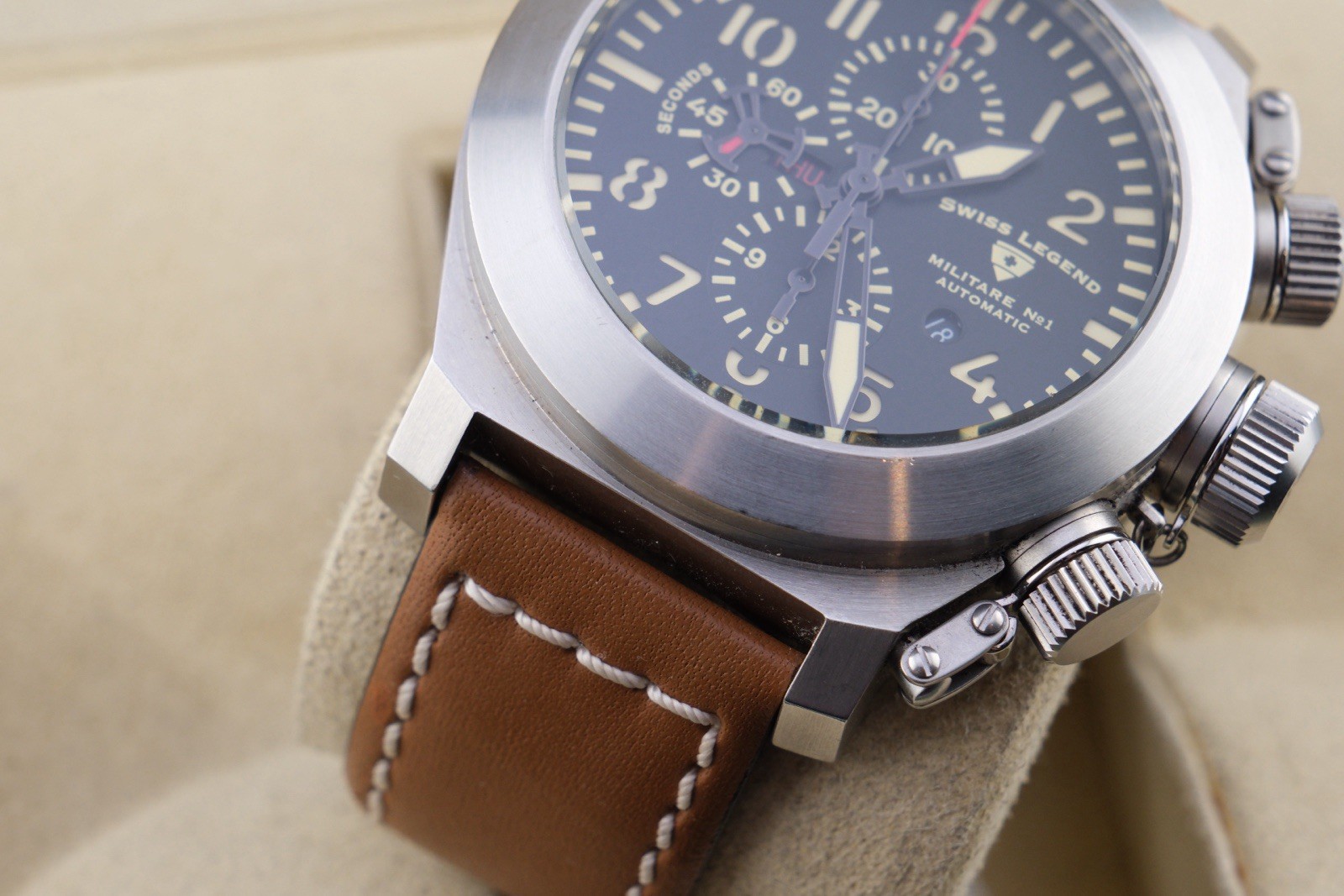 Swiss Legend Militare No1 Automatic Chronograph 45mm Black Dial Leather Working