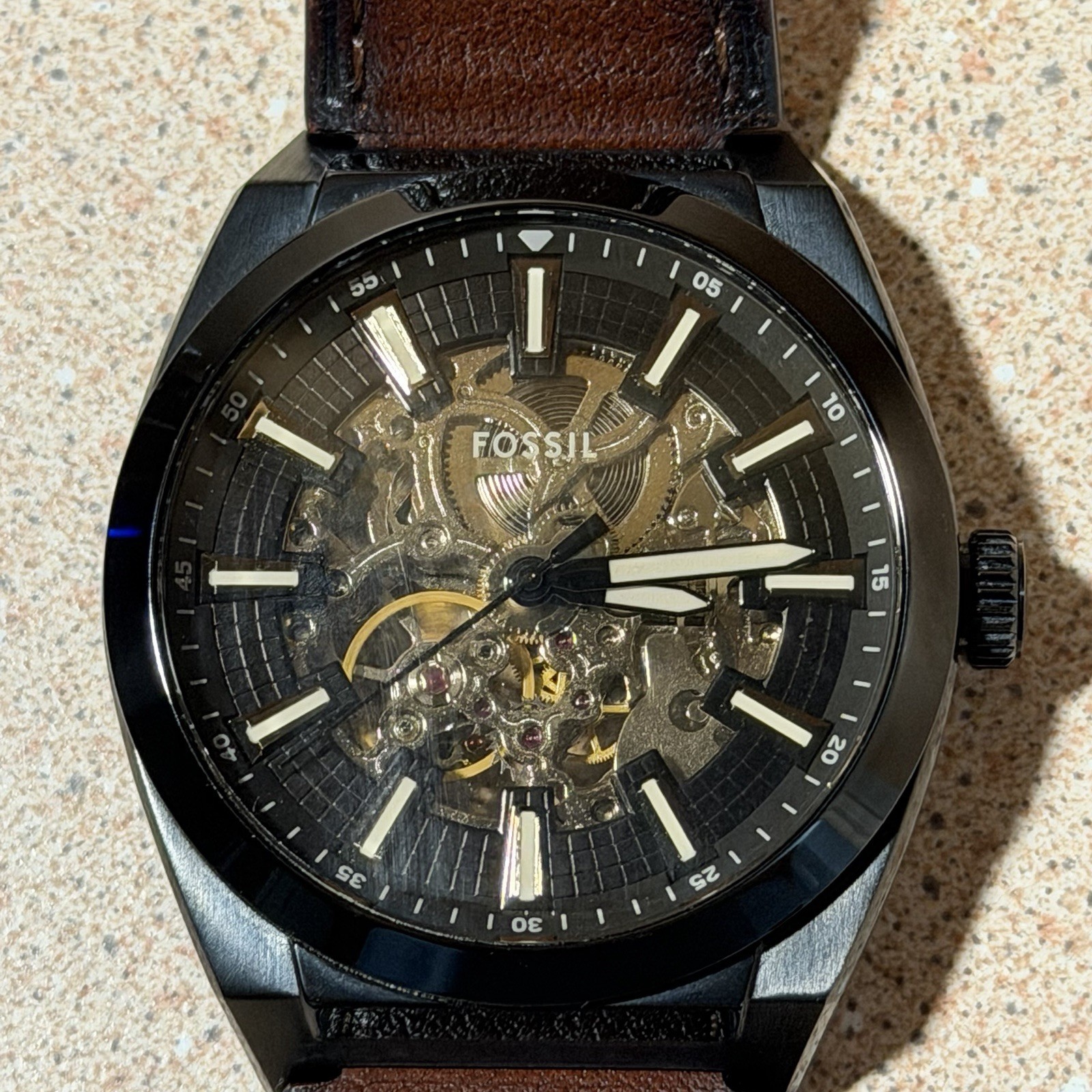 Fossil Men’s Automatic Skeleton Watch Black Dial 42mm Brown Leather 50m