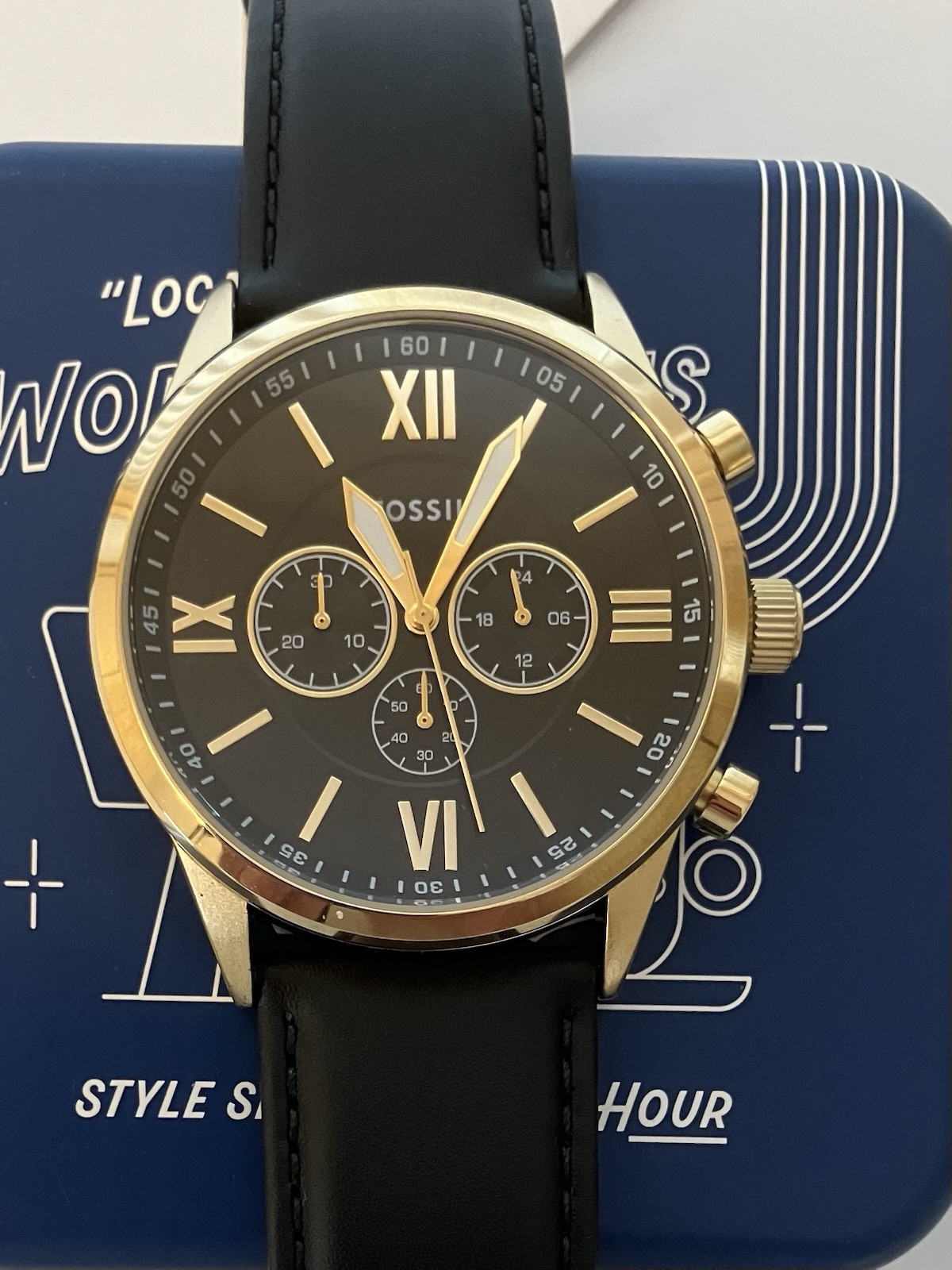 New Fossil Flynn Goldtone,Leather,Men’s Watch,Japan Chronograph Caliber, NWT+Box