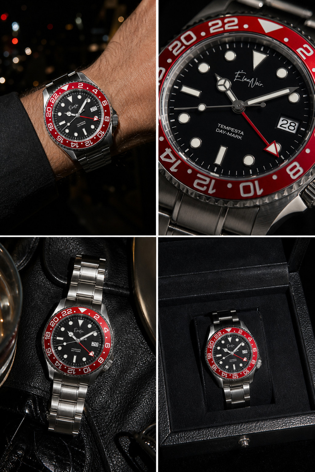 Élan Noir Tempesta Automatic GMT Watch 41mm 316L Steel Dial Red/Black NH35