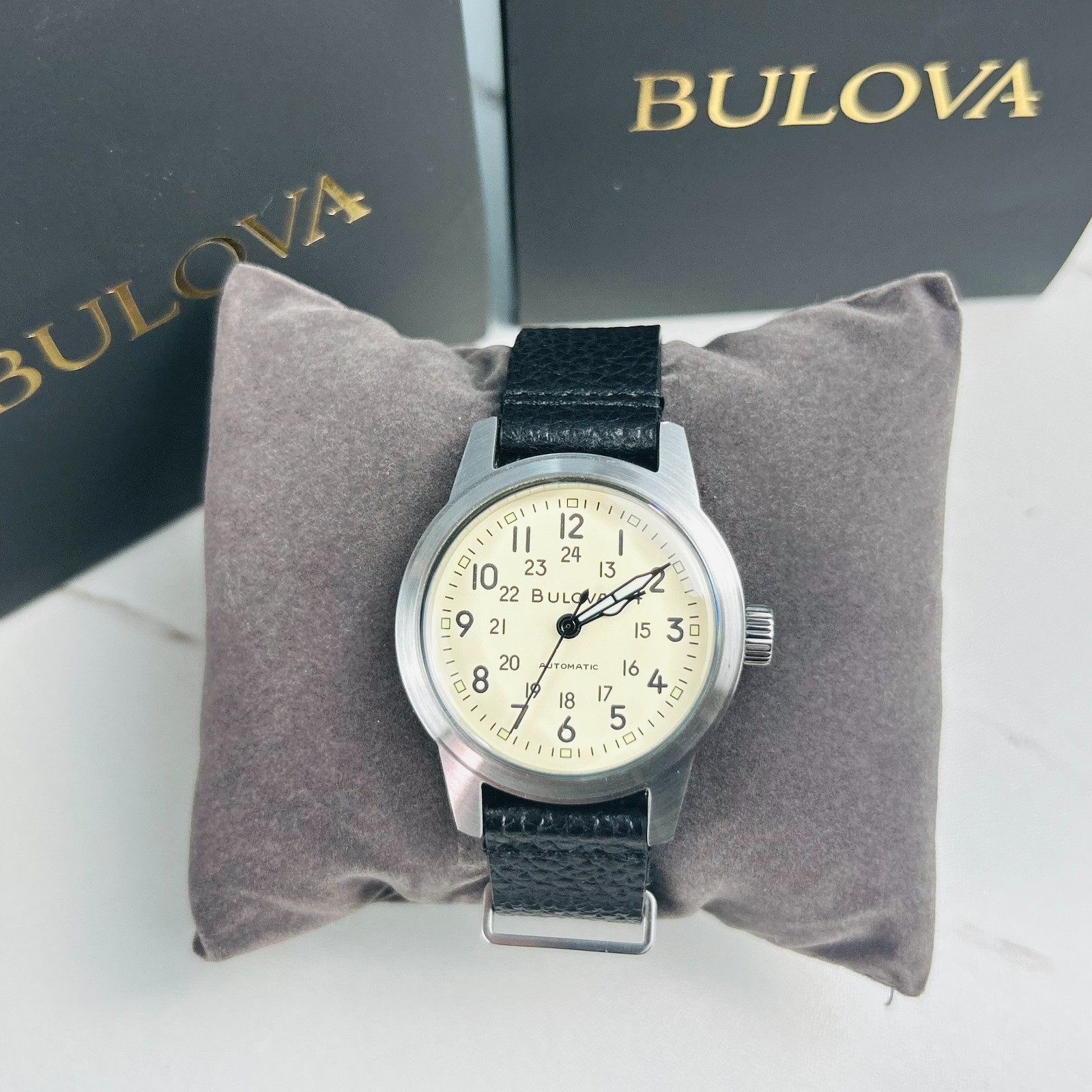 Bulova Men’s Classic Hack Watch 96A246 Ivory Dial Black Leather Automatic Watch