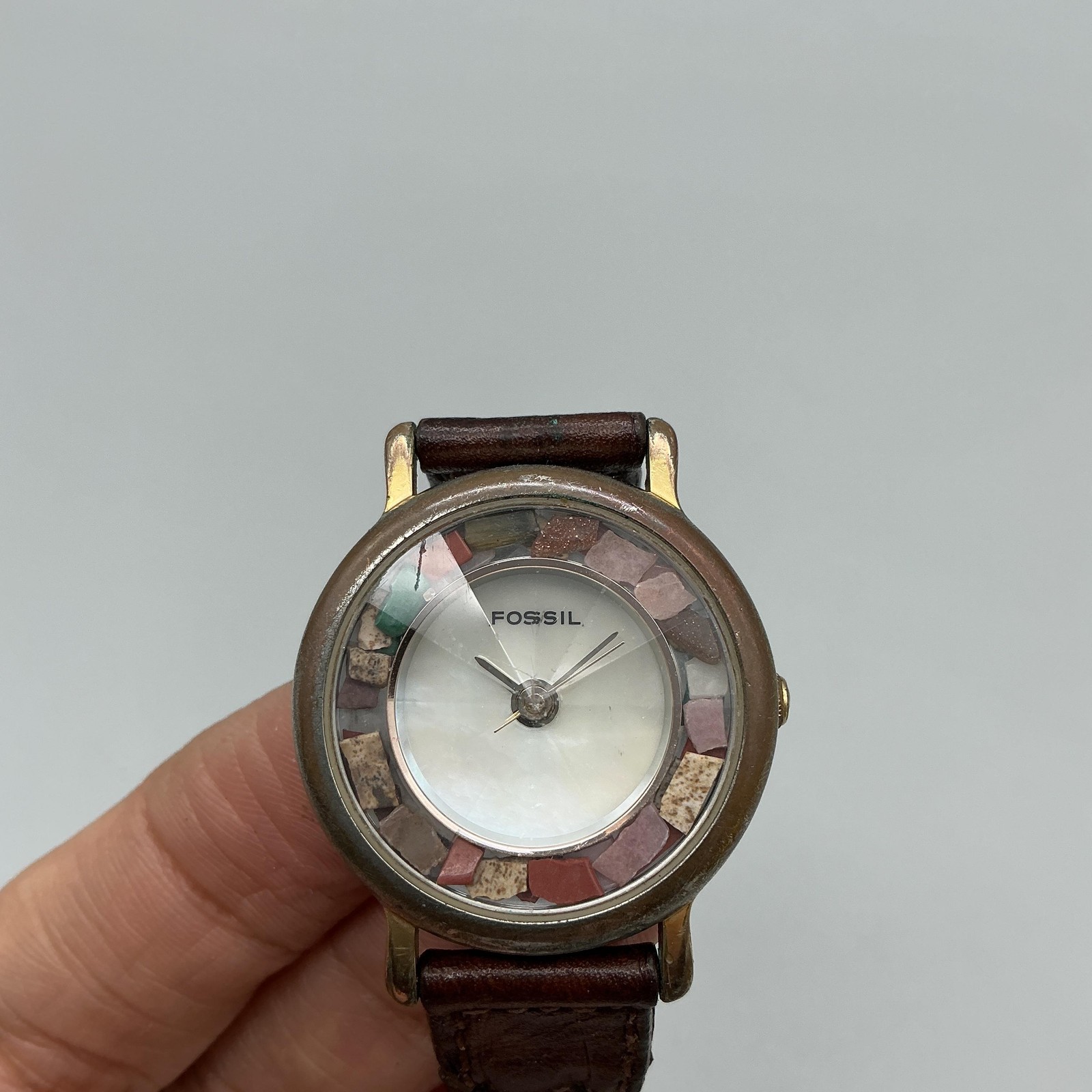 Vintage Fossil Womens Watch 28mm Mosaic Stone Bezel Leather PC-7024 New Battery