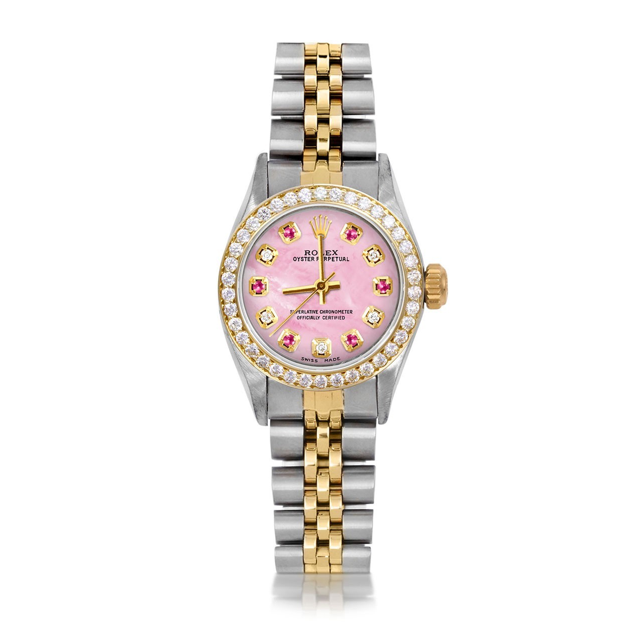Rolex Ladies TT Oyster Perpetual Pink MOP Ruby Diamond Dial Diamond Bezel