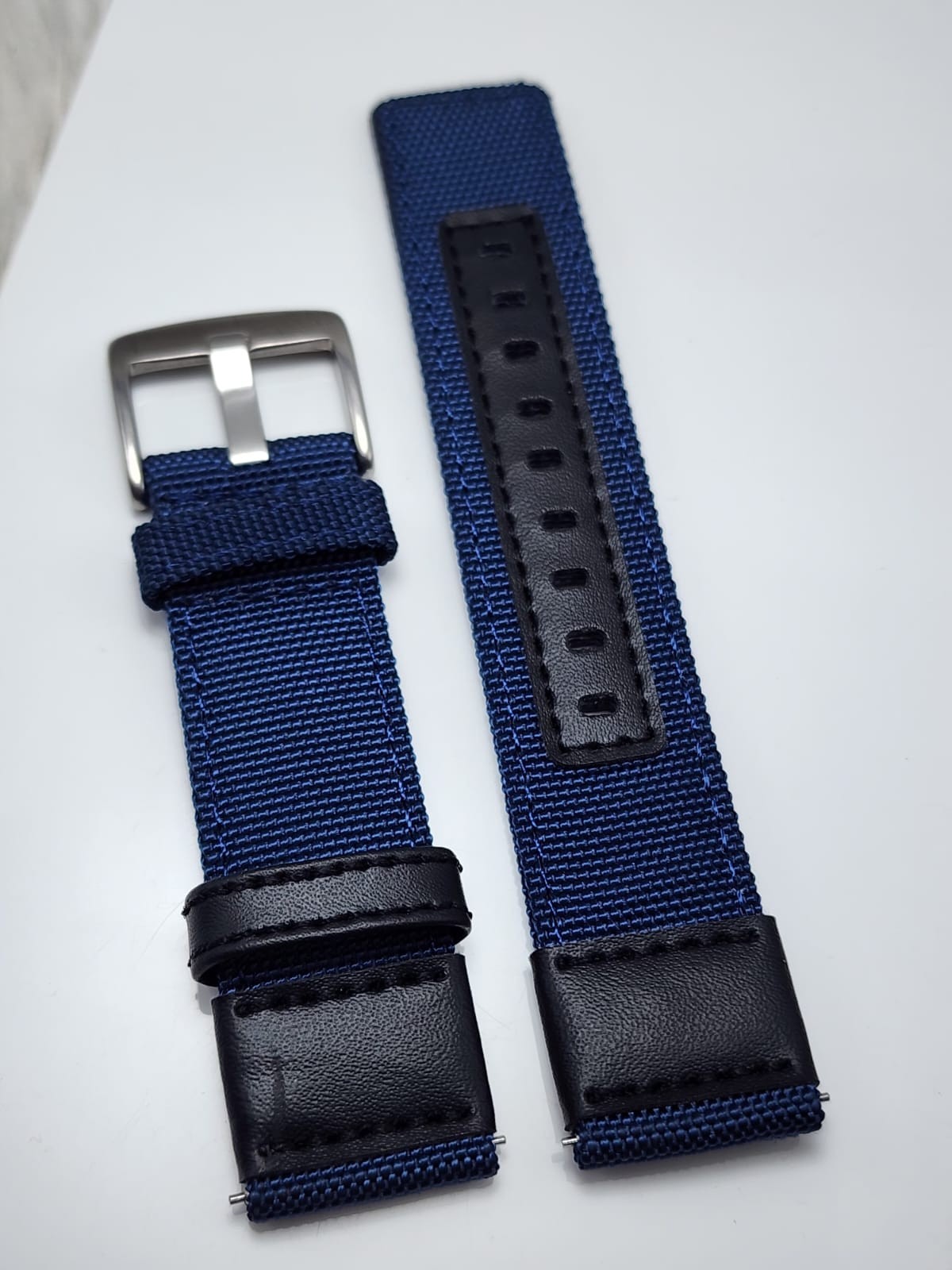 20mm Navy Blue Canvas Watch Strap Black Leather Lined Replacement Watch Band