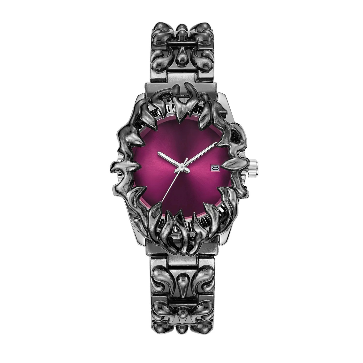 Silver Chrome Alabaster Punk Style Watch With Detailed Incisions, in Steel