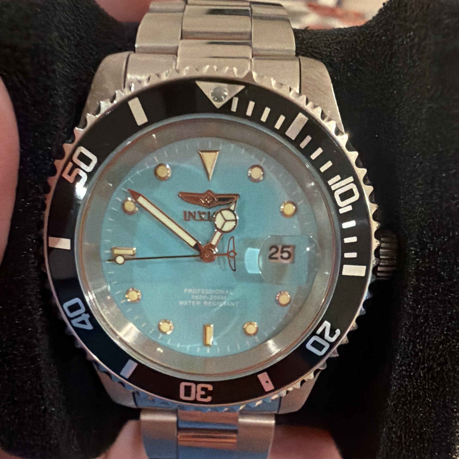 Invicta Men’s Quartz Diver Watch Blue Dial Black Bezel Steel Bracelet Date