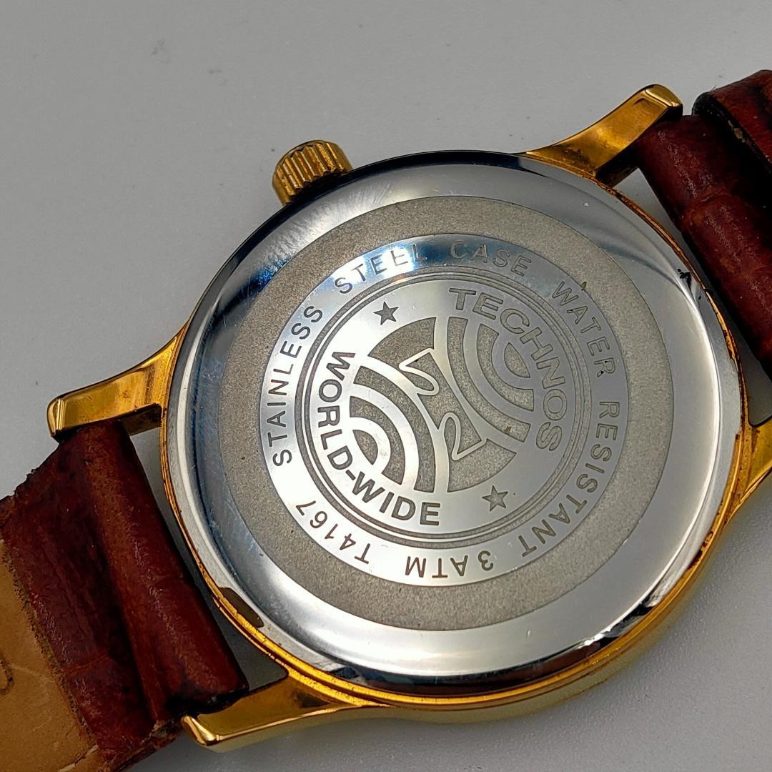 USED TECHNOS T4167 Gold-Tone Date Leather Band Quartz Watch