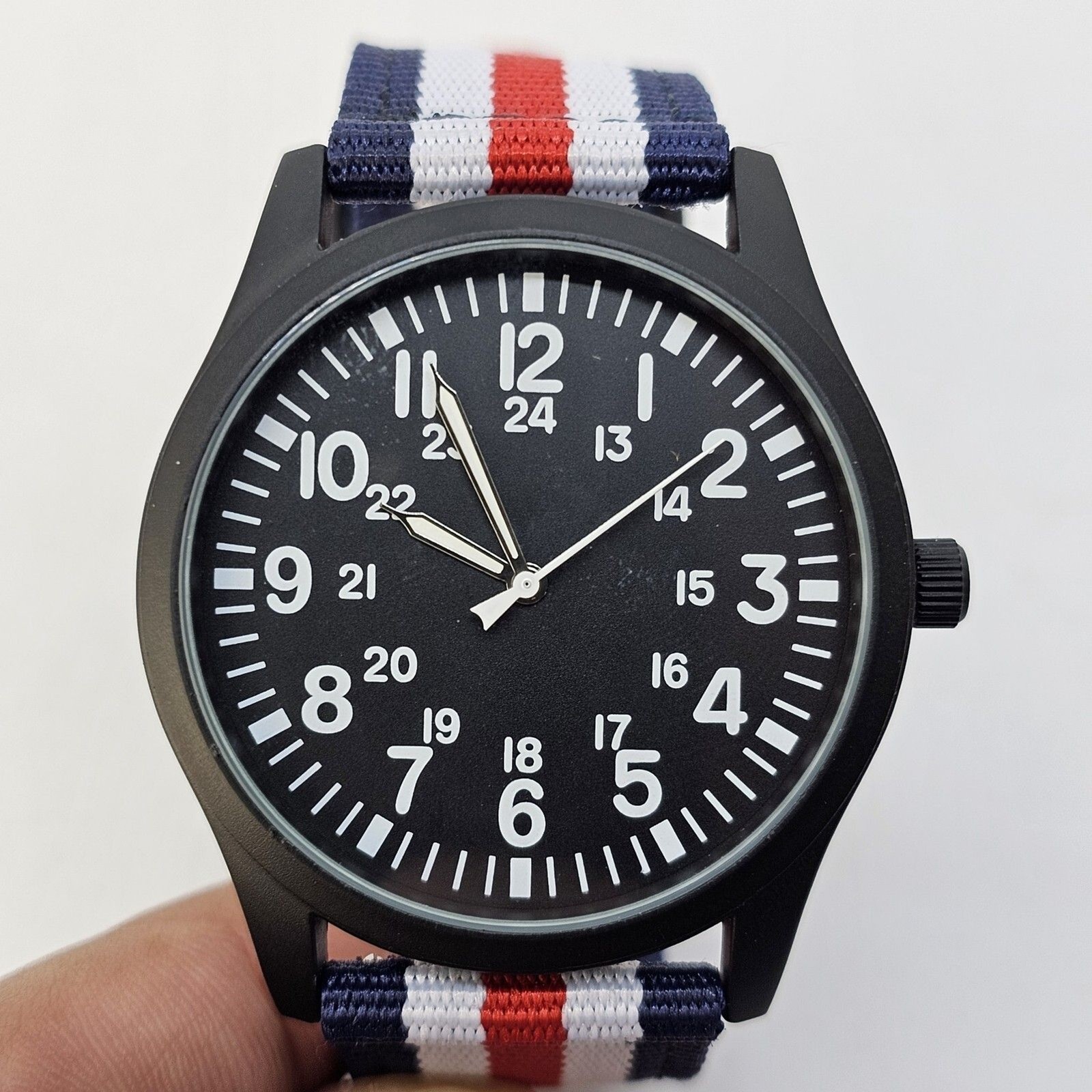 Field Men’s Watch 42MM Black Case Dial Blue White Red Canvas Band Straps NewBatt