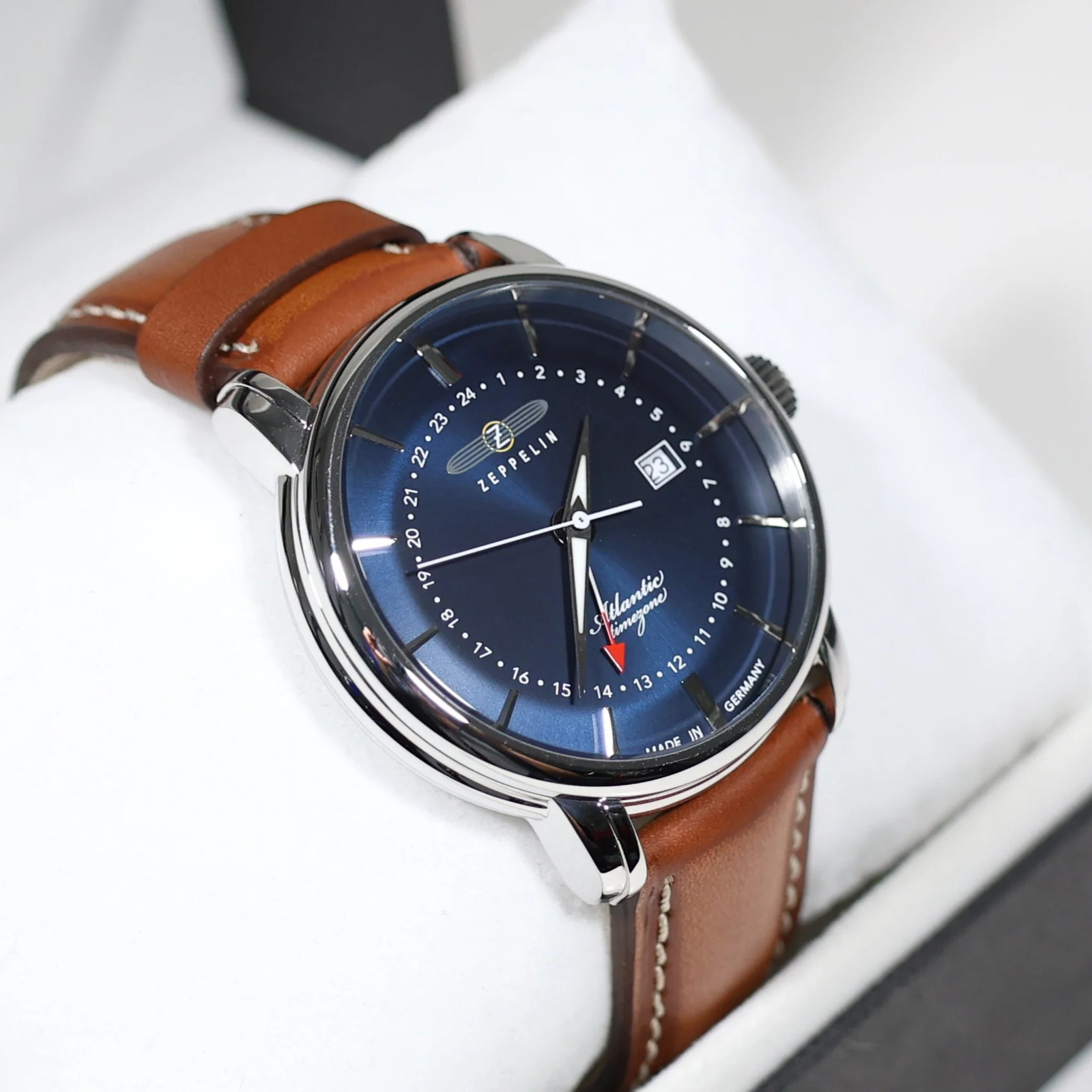 Zeppelin Men’s Blue Dial GMT Atlantic Brown Leather Strap Watch 8442-3