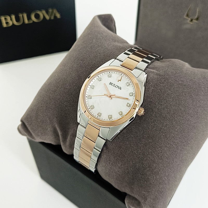 Bulova Surveyor Diamonds Gold Bracelet White Dial Women 98P207 Quartz Watch 31mm