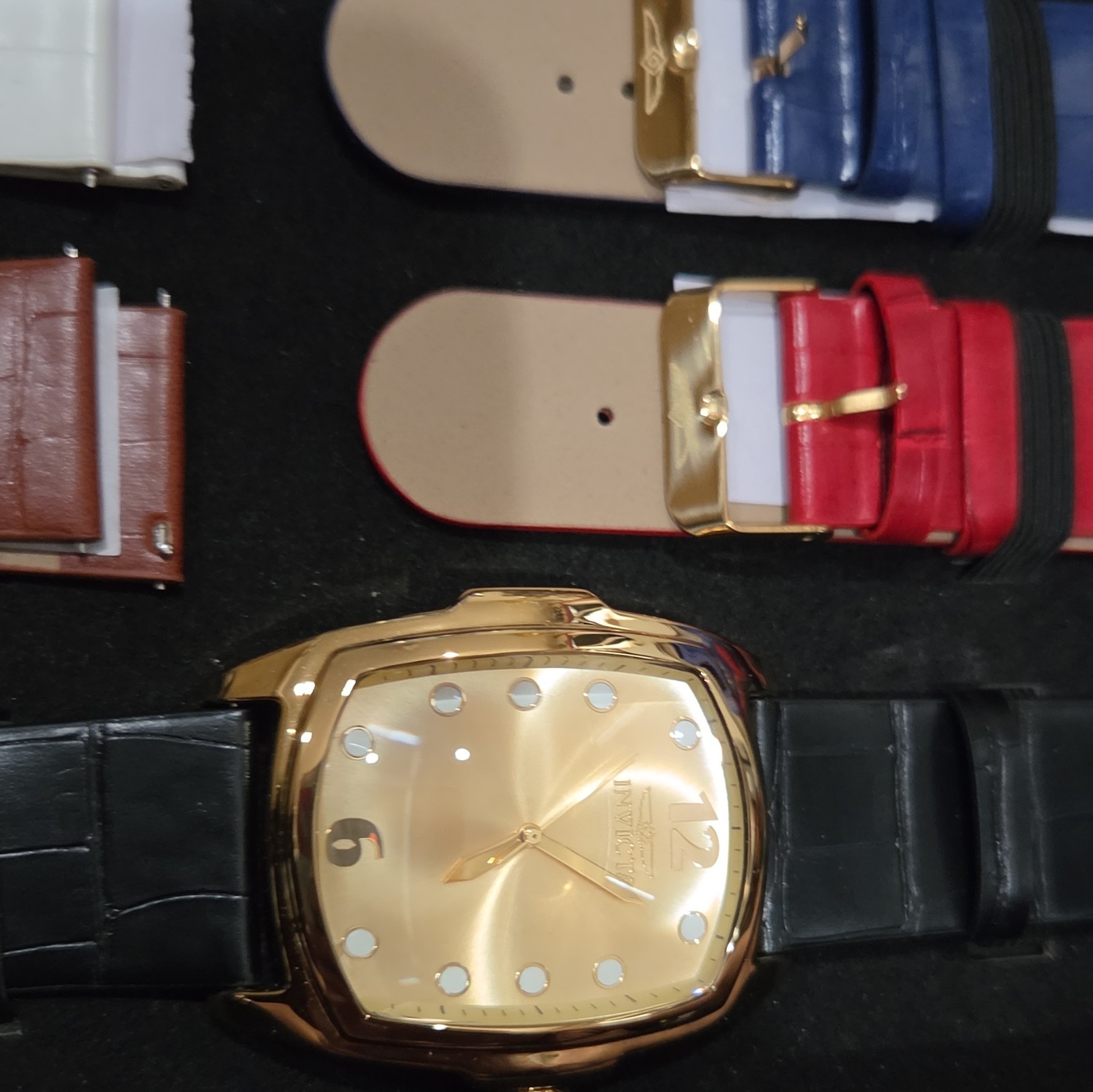 Invicta Special Edition Gold Cushion Case Quartz Watch w/ Extra Leather Straps