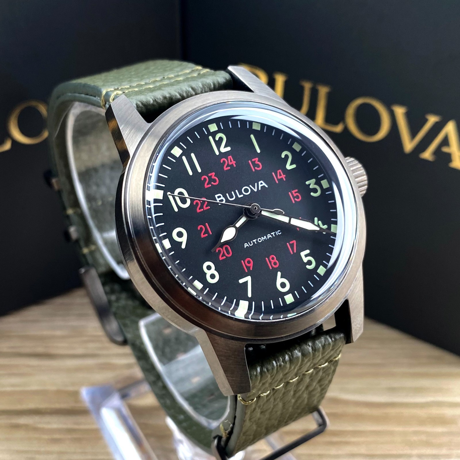 Bulova Hack 98A255 Black Dial Green Leather Strap Automatic Men’s Watch