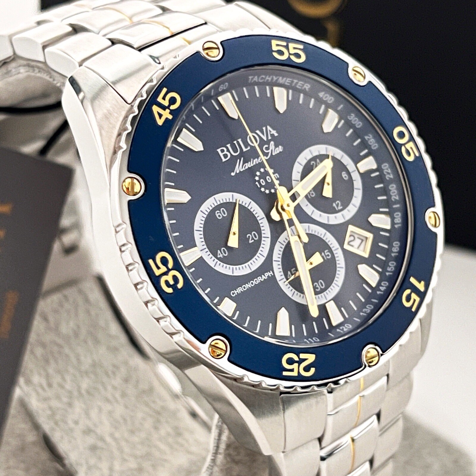 Bulova Marine Star 98B400 Blue Dial Stainless Steel Chronograph Men’s Watch New
