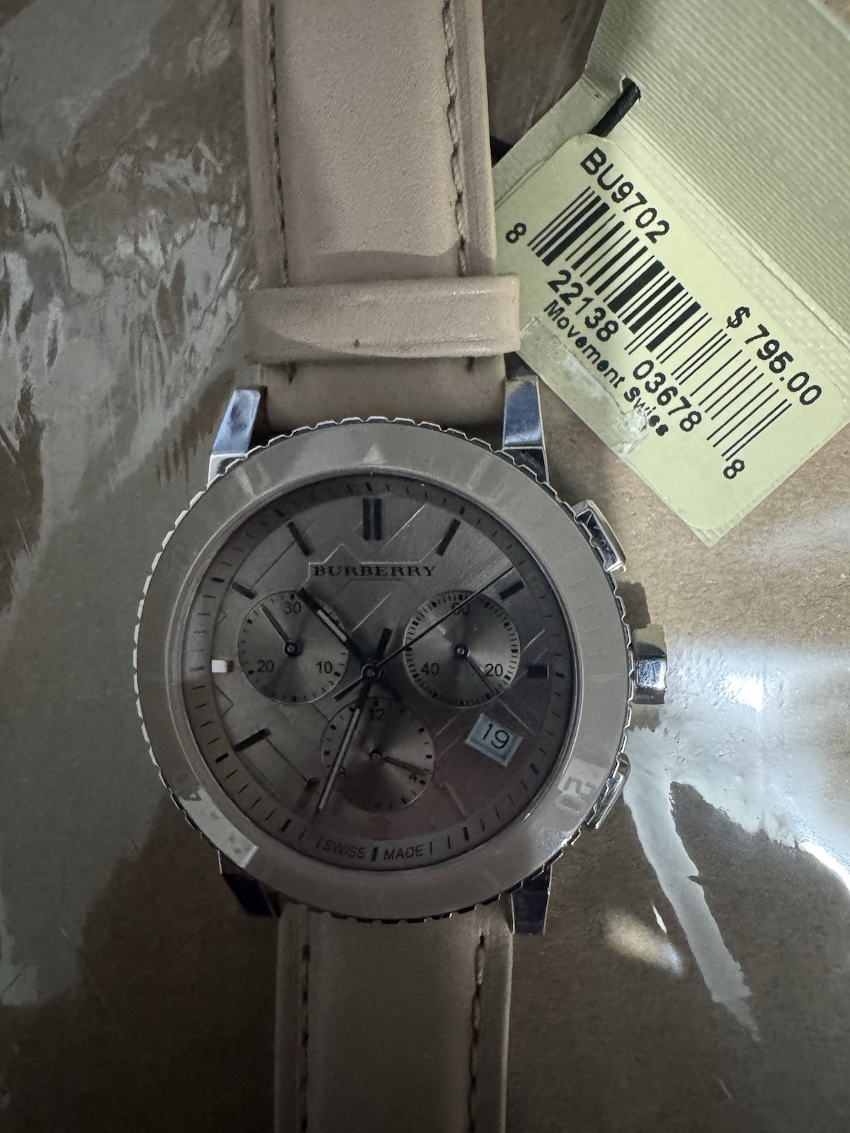 Burberry Swiss Made Quartz Chronograph Date Gray Dial Beige Leather 38mm case