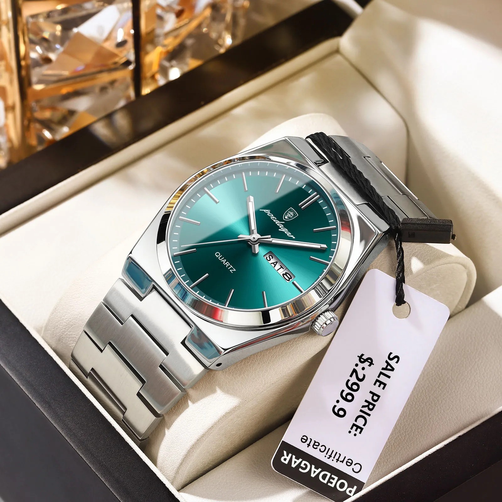 POEDAGAR Men’s Quartz Watch Stainless Steel Waterproof Day Date Luminous