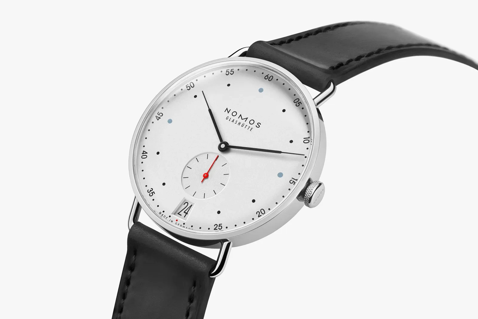 NOMOS Glashütte Metro Date 38.5mm White Dial Leather Band Watch – 1102