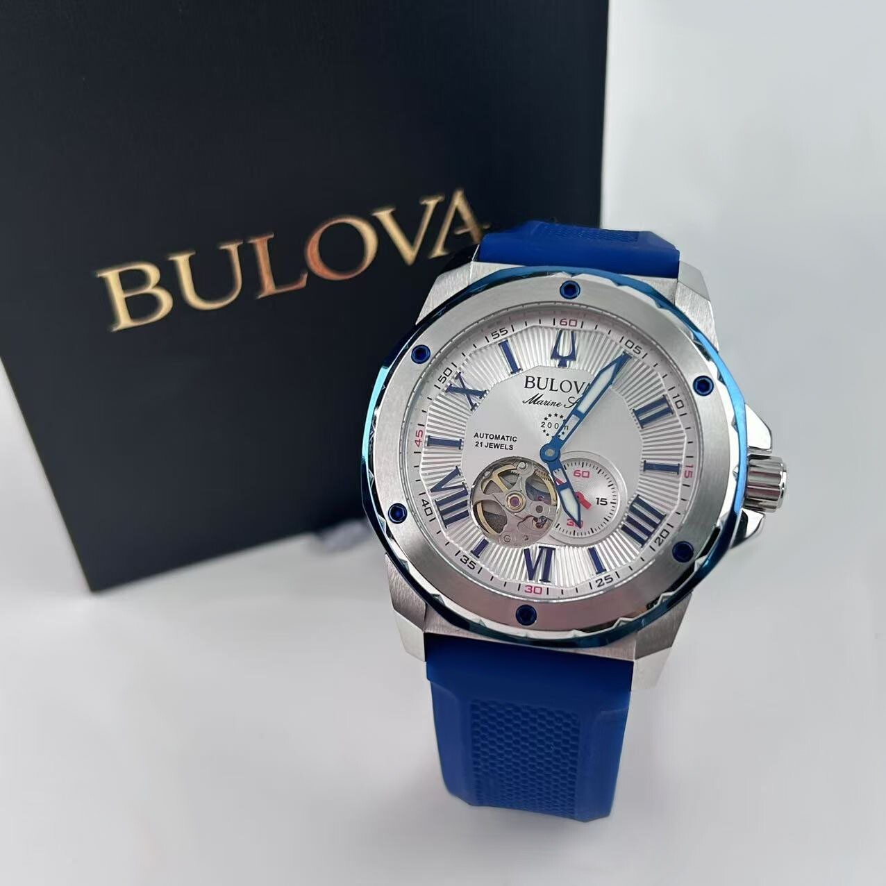 Bulova Marine Star 98A225 White Dial Red/Blue Rubber Strap Men’s Automatic Watch