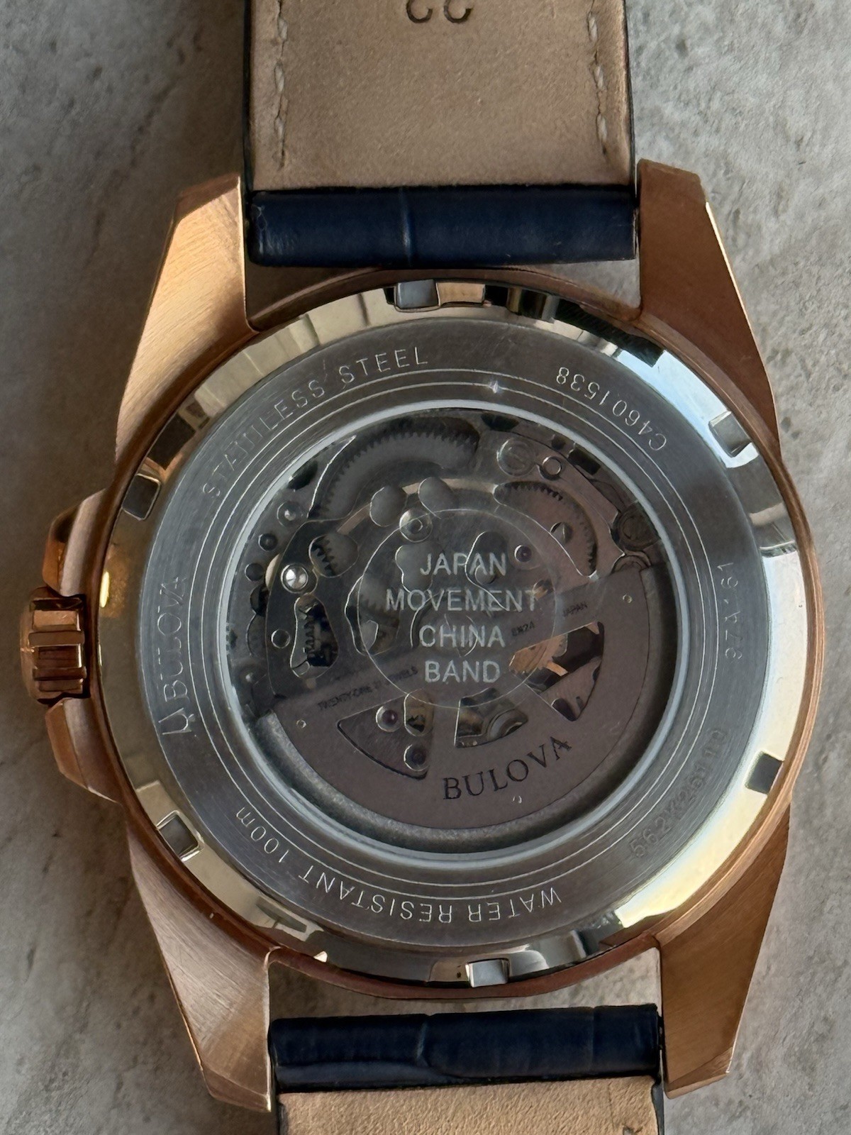 Bulova Sutton Men’s 43mm Automatic Skeleton Dial Rose Gold/Blue Leather w/ Box