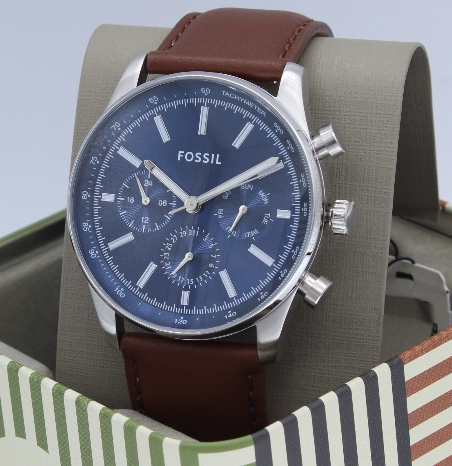 New Authentic Fossil Sullivan Chronograph Navy Blue Brown BQ2857 Men’s Watch