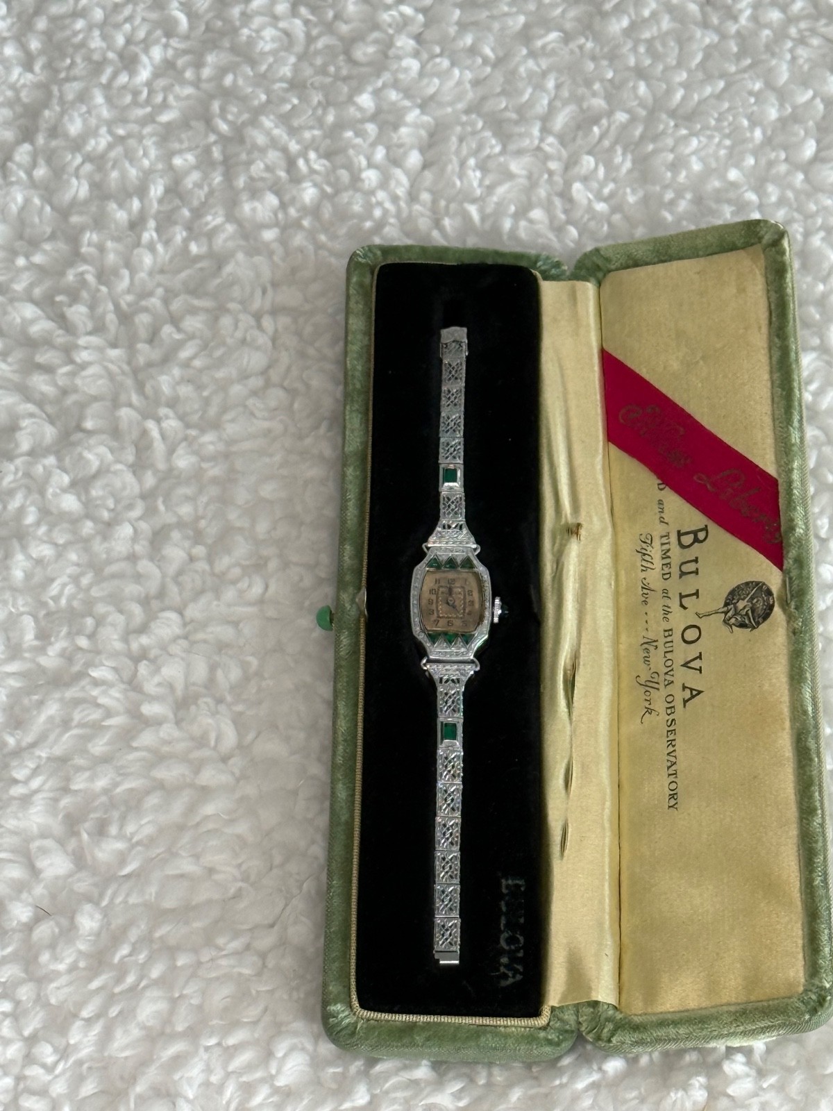Vintage 1929 Ladies Bulova “Miss Liberty” wristwatch with emeralds
