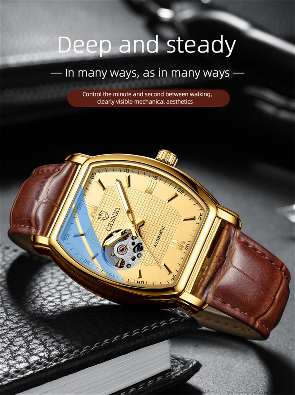 CHENXI Men Mechanical Watch Automatic Leather Rectangle Business Male Wristwatch
