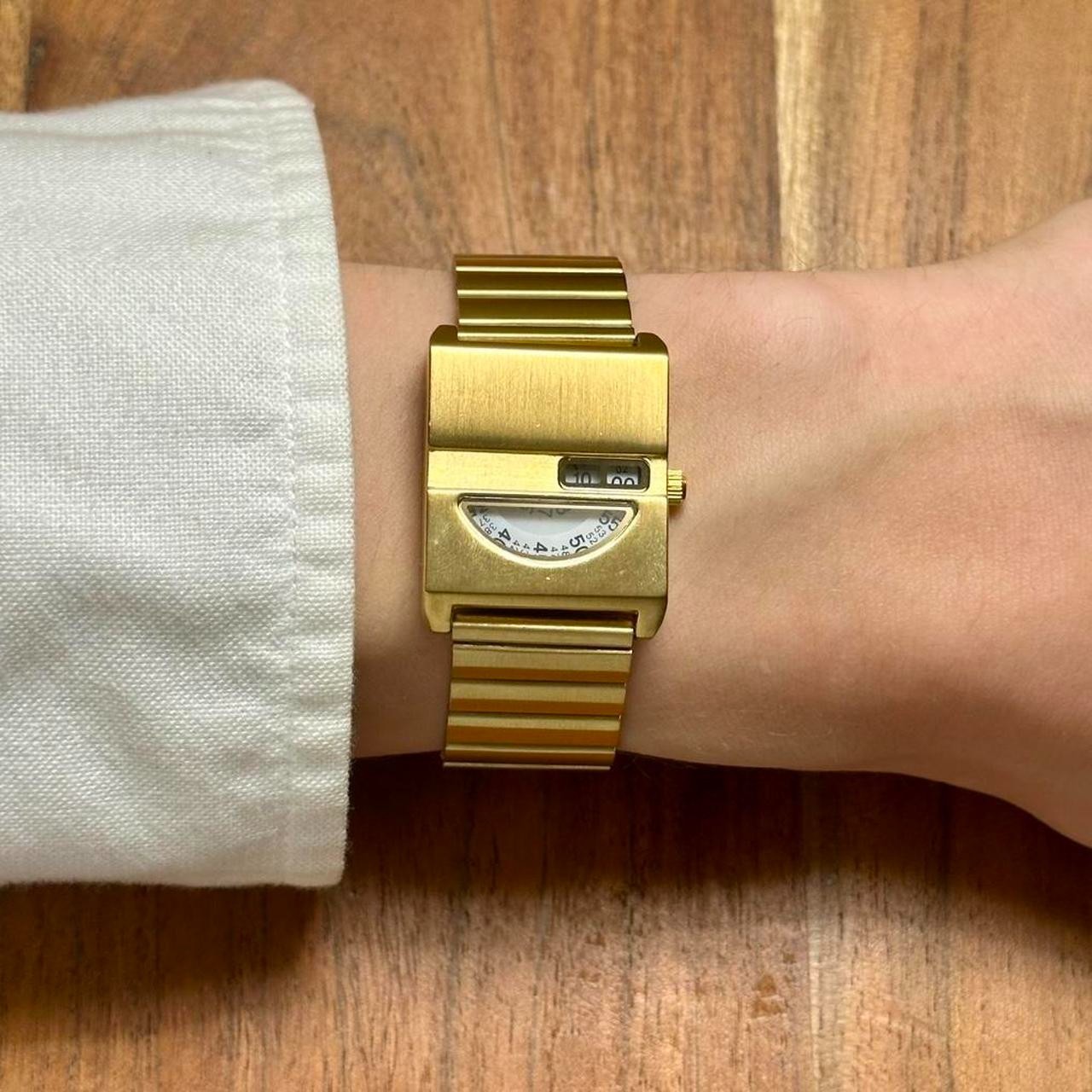 Vintage Gold Plated Watch Bracelet Green Dial Rotating Hour Hand Jewelry Gift