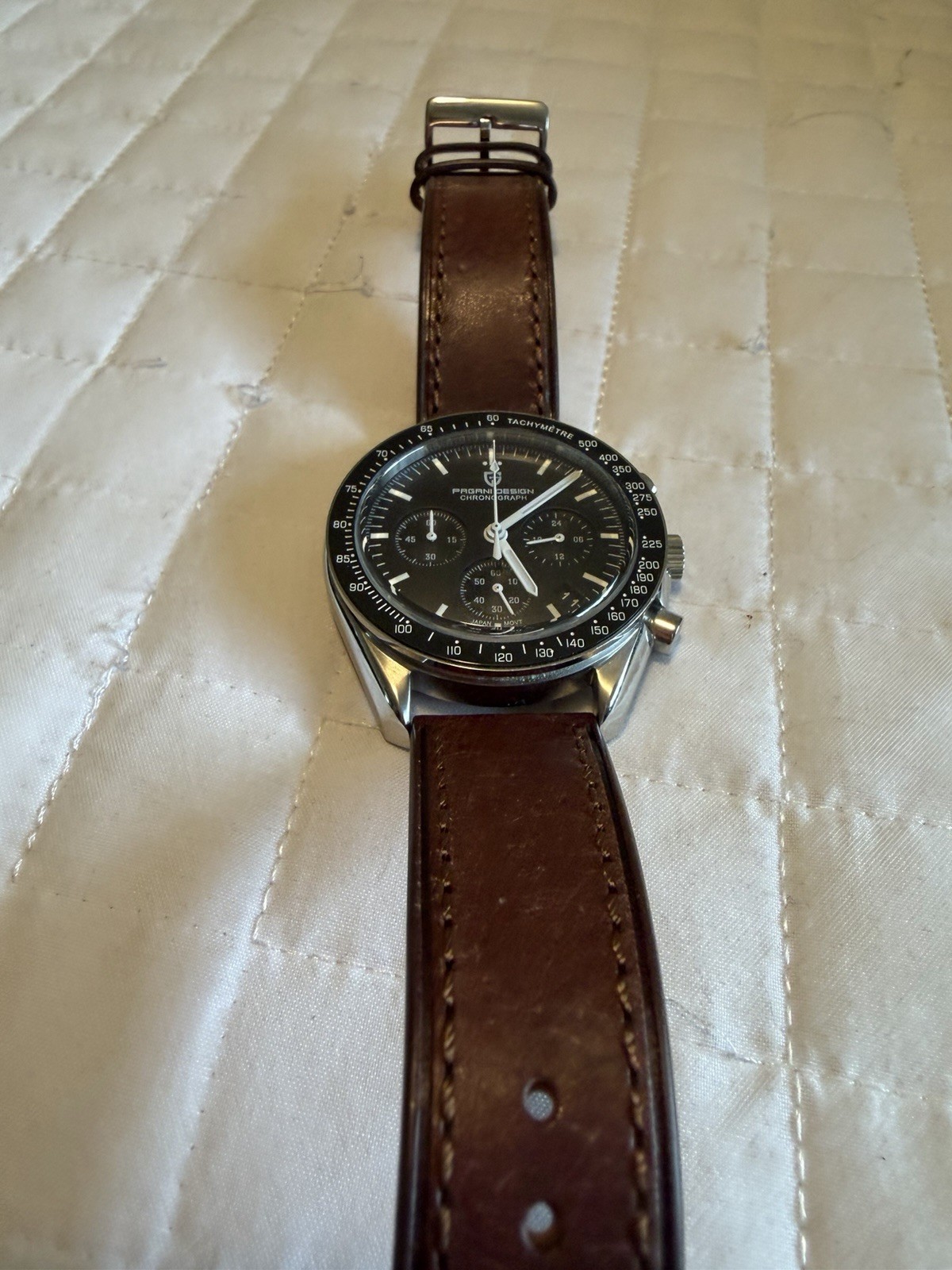 Pagani Design Quartz Chronograph Tachymeter Wristwatch Black Dial Brown Leather